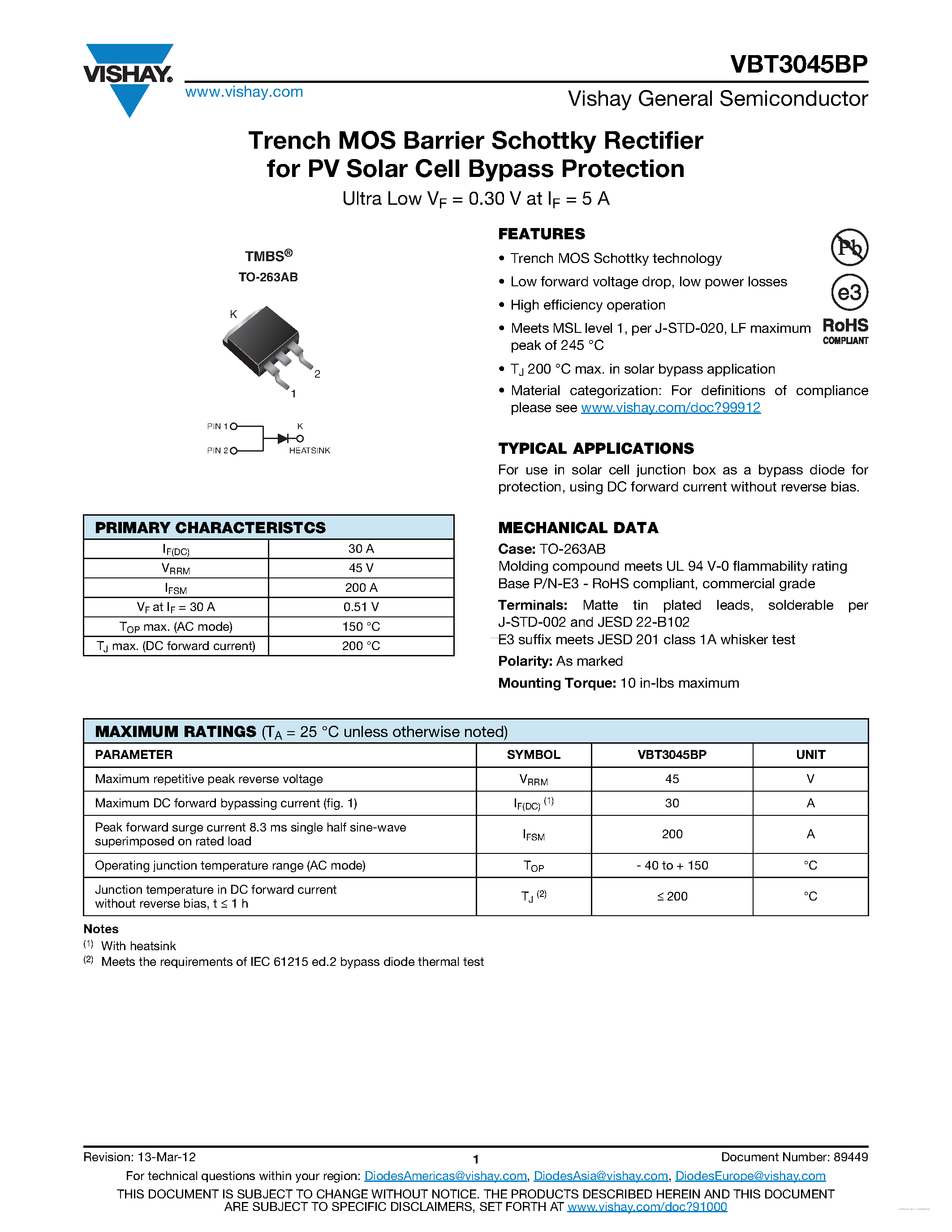 Datasheet VBT3045BP page 1 Datasheet VBT3045BP - Trench MOS Barrier Schottky Rectifier page 1