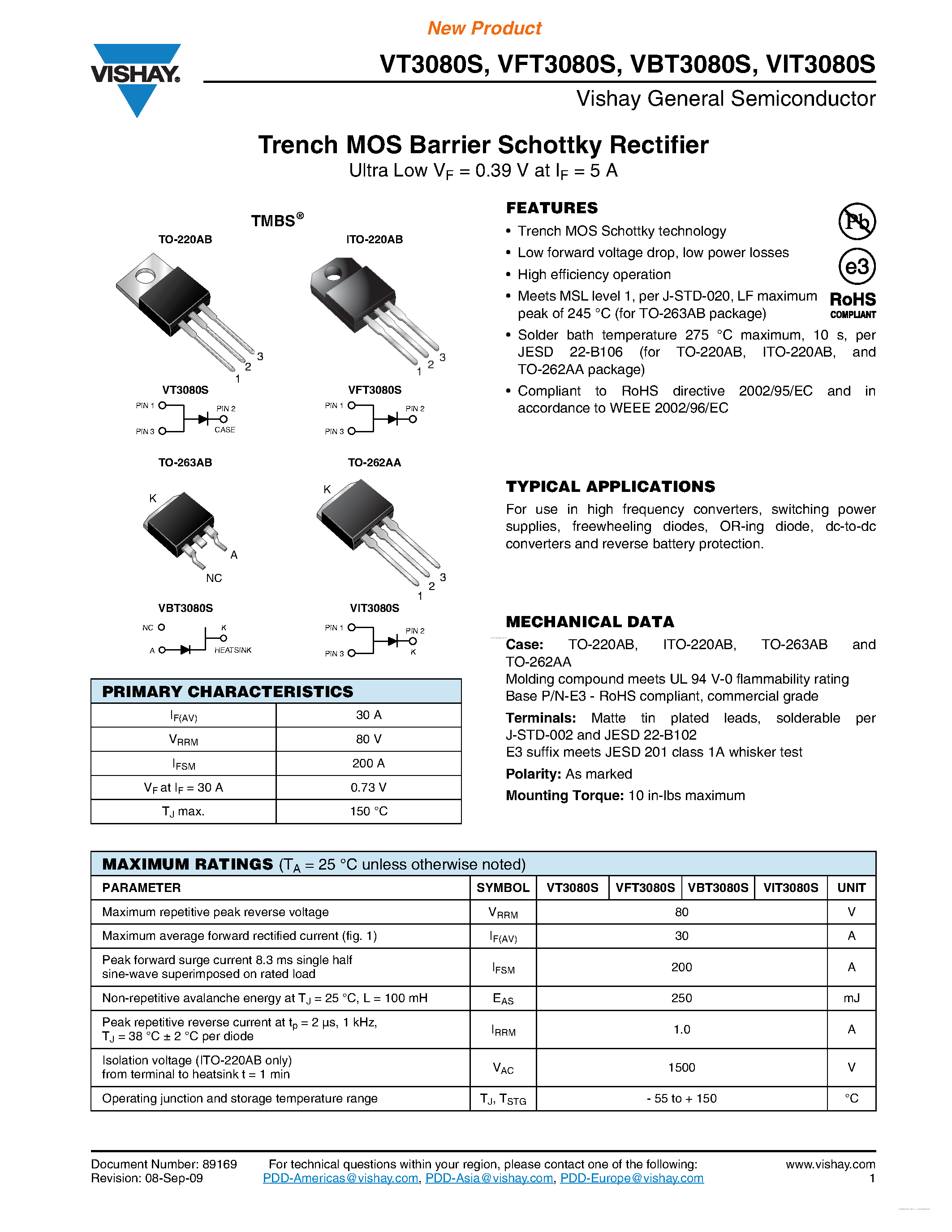 Datasheet VBT3080S page 1 Datasheet VBT3080S - Trench MOS Barrier Schottky Rectifier page 1