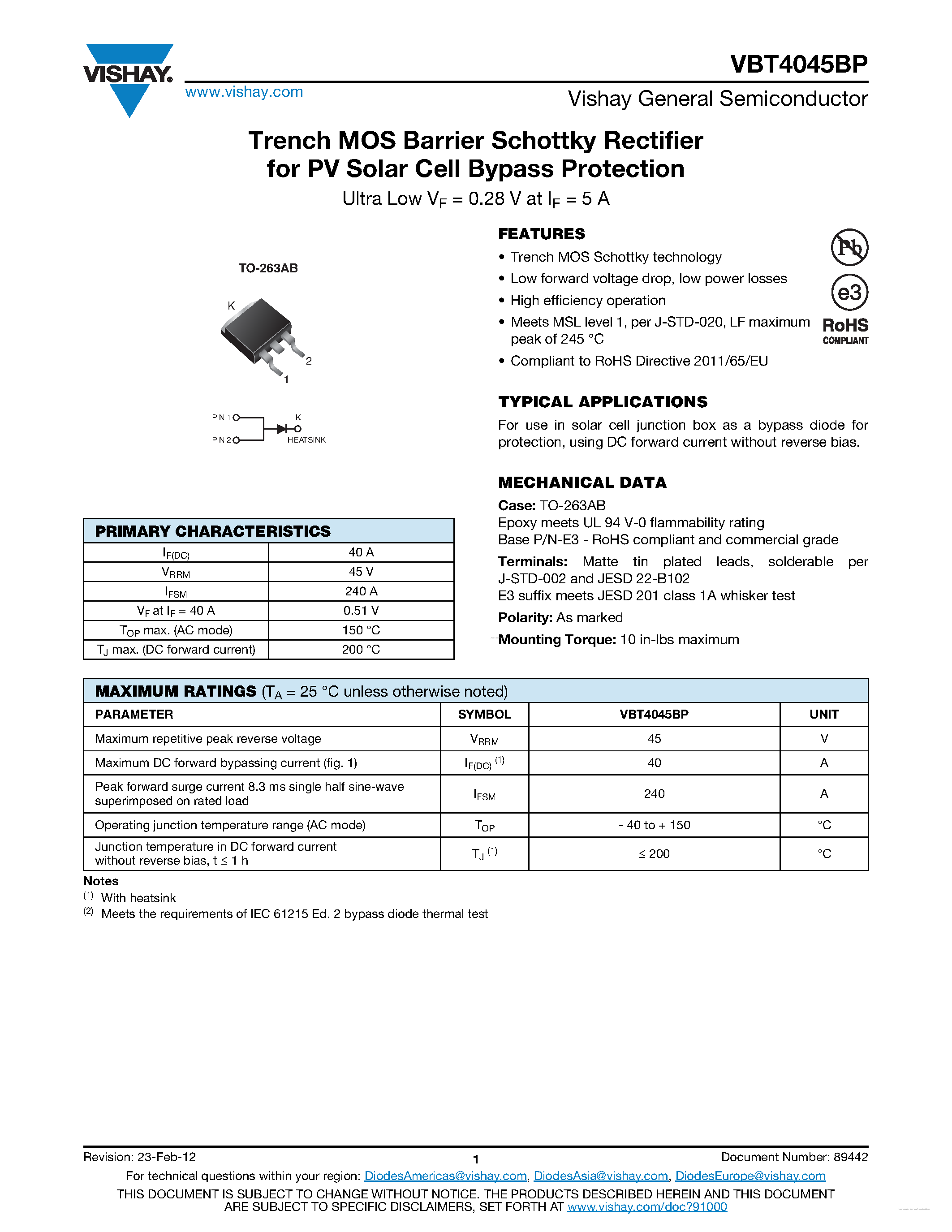 Datasheet VBT4045BP page 1 Datasheet VBT4045BP - Trench MOS Barrier Schottky Rectifier page 1