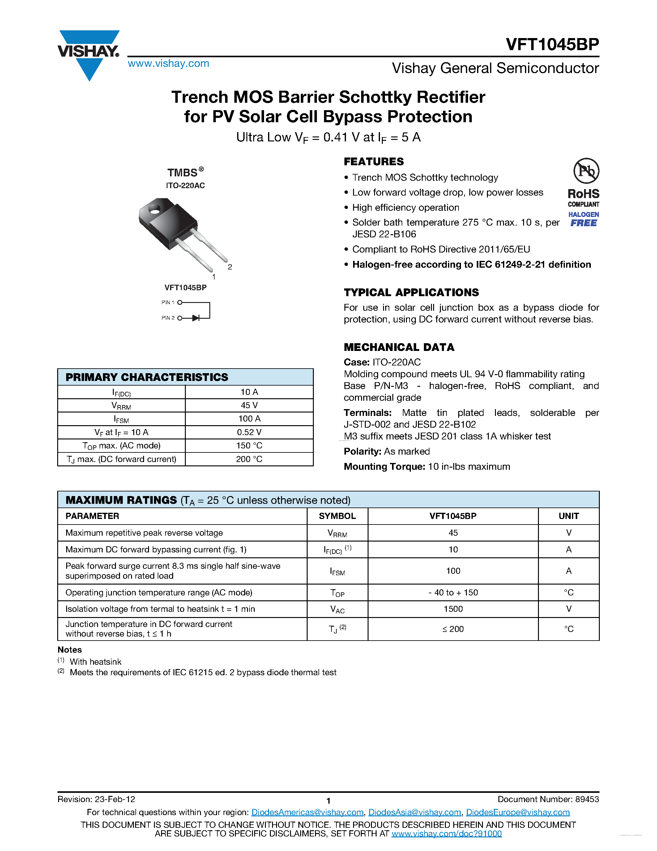 Datasheet VFT1045BP page 1 Datasheet VFT1045BP - Trench MOS Barrier Schottky Rectifier page 1