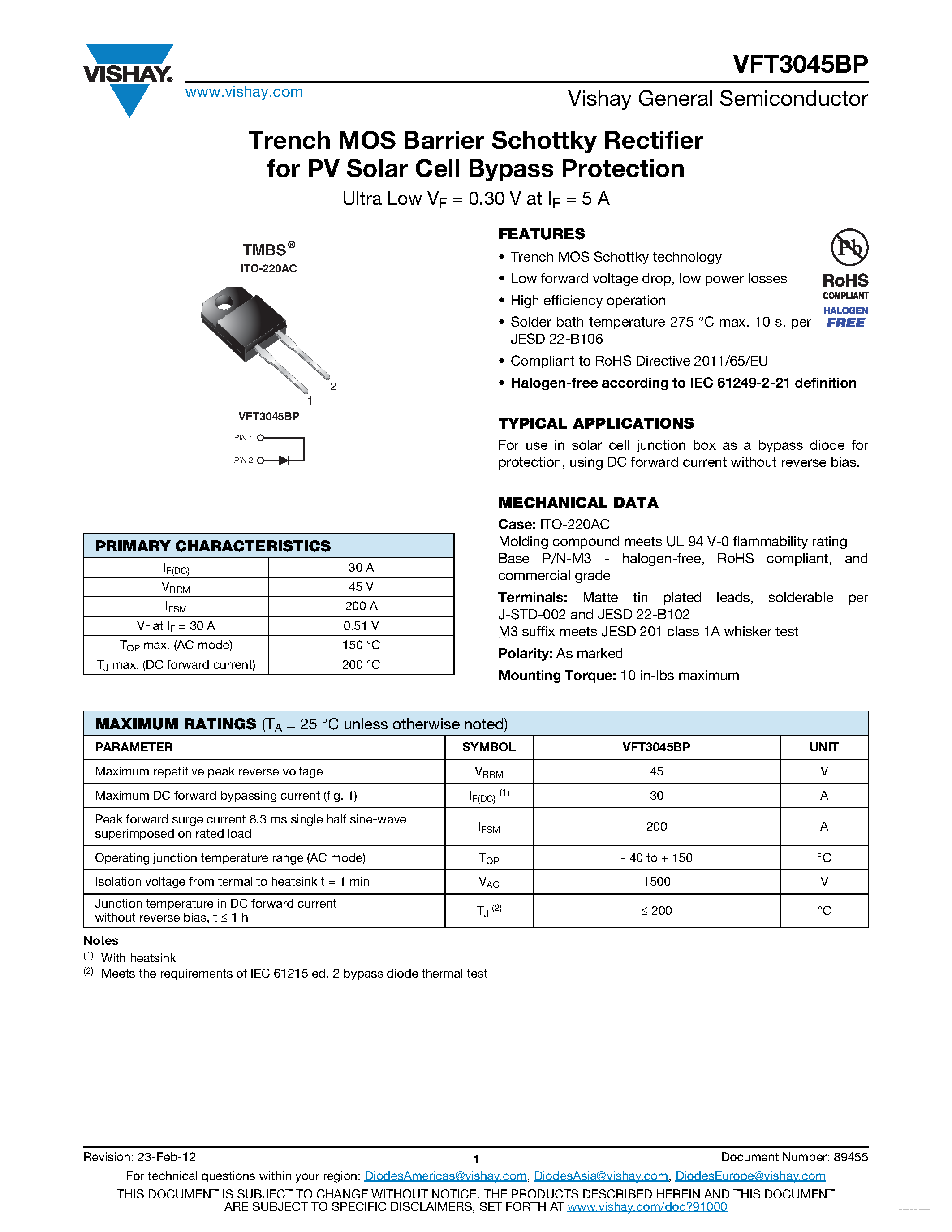 Datasheet VFT3045BP page 1 Datasheet VFT3045BP - Trench MOS Barrier Schottky Rectifier page 1