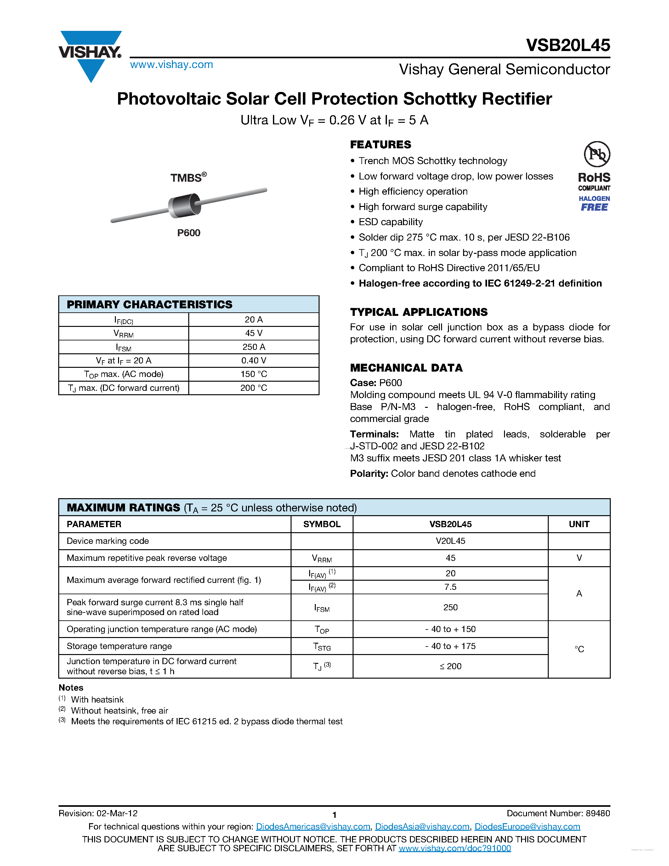 Datasheet VSB20L45 page 1 Datasheet VSB20L45 - Photovoltaic Solar Cell Protection Schottky Rectifier page 1