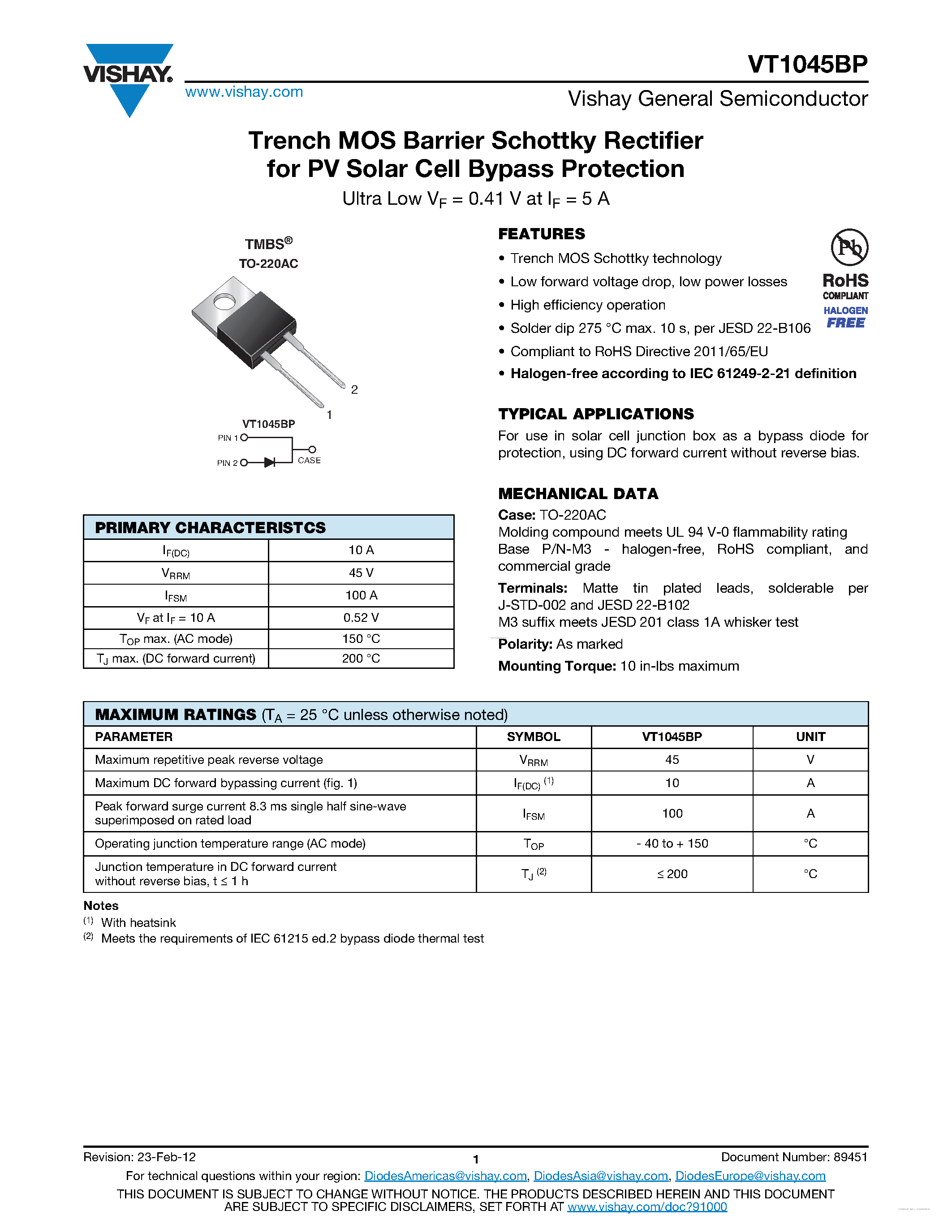 Datasheet VT1045BP - Trench MOS Barrier Schottky Rectifier page 1
