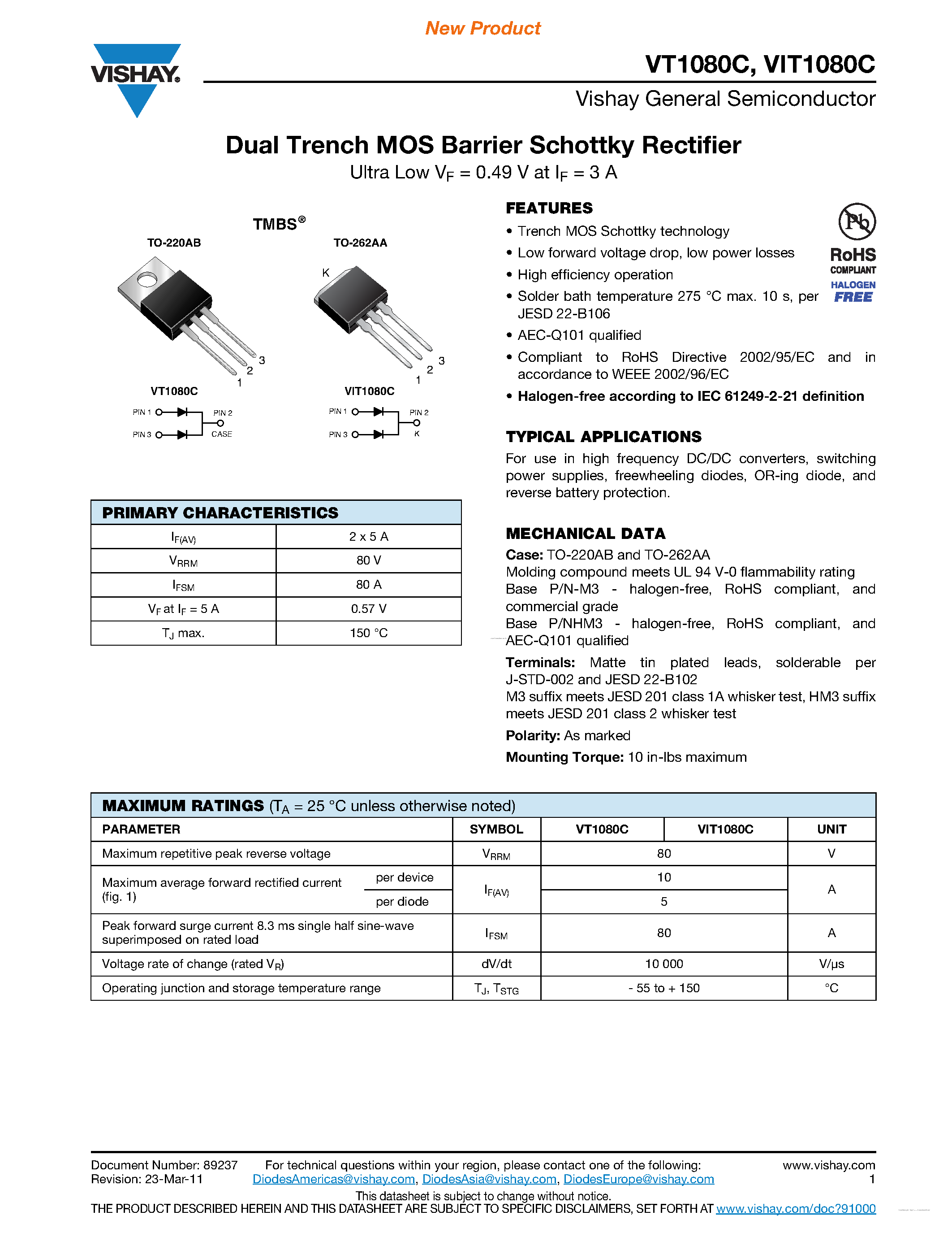Datasheet VIT1080C page 1 Datasheet VIT1080C - Dual Trench MOS Barrier Schottky Rectifier page 1