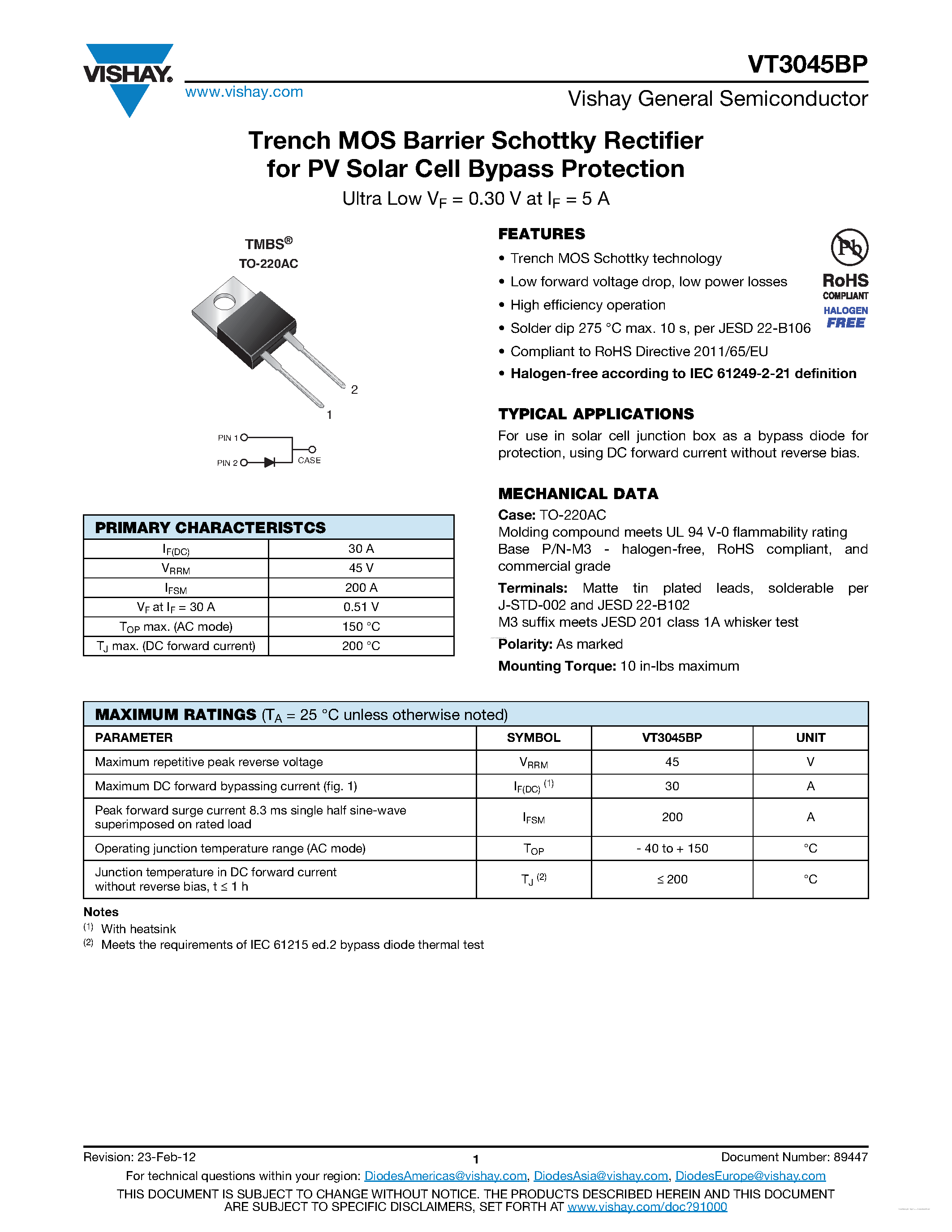 Datasheet VT3045BP page 1 Datasheet VT3045BP - Trench MOS Barrier Schottky Rectifier page 1