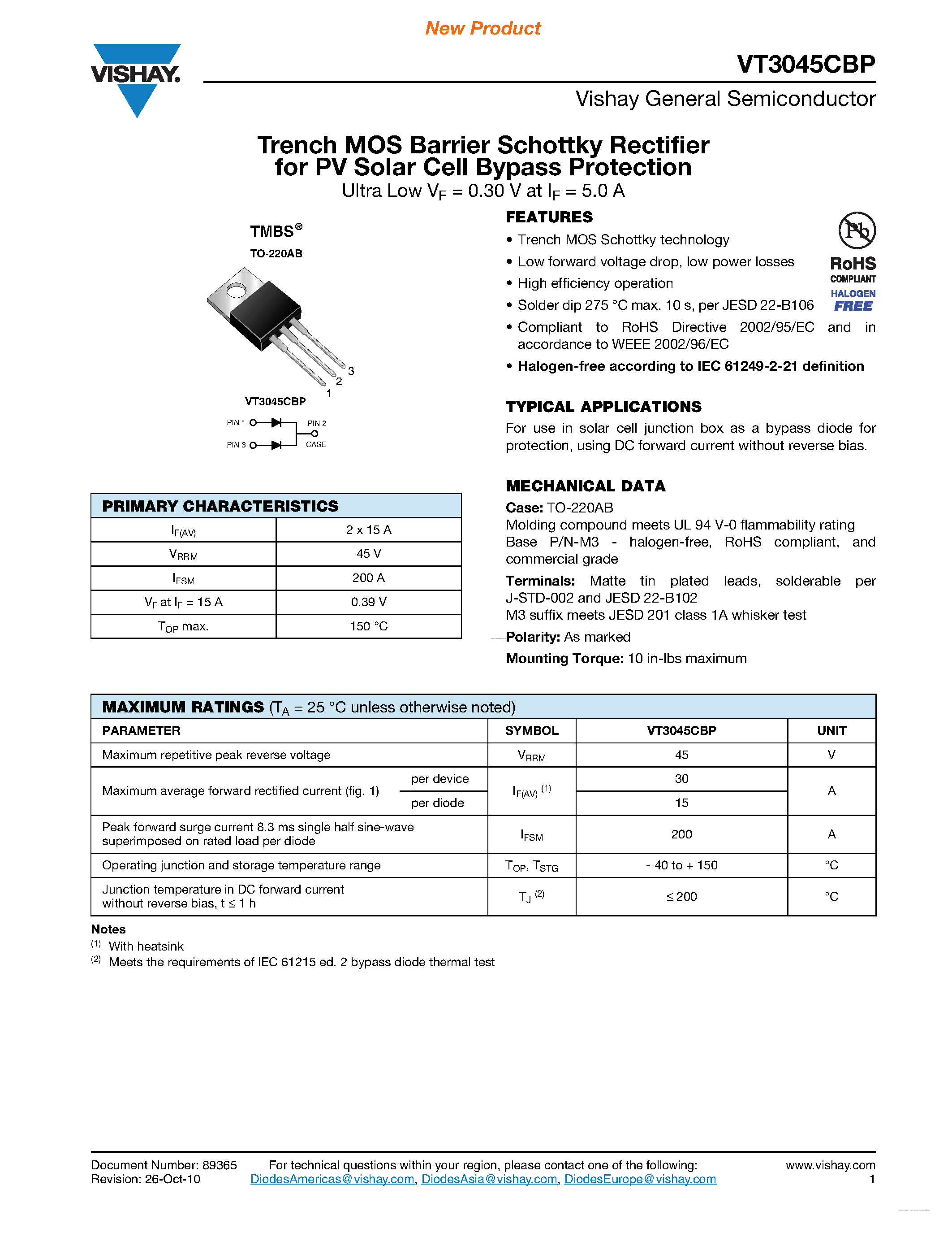 Datasheet VT3045CBP - Trench MOS Barrier Schottky Rectifier page 1