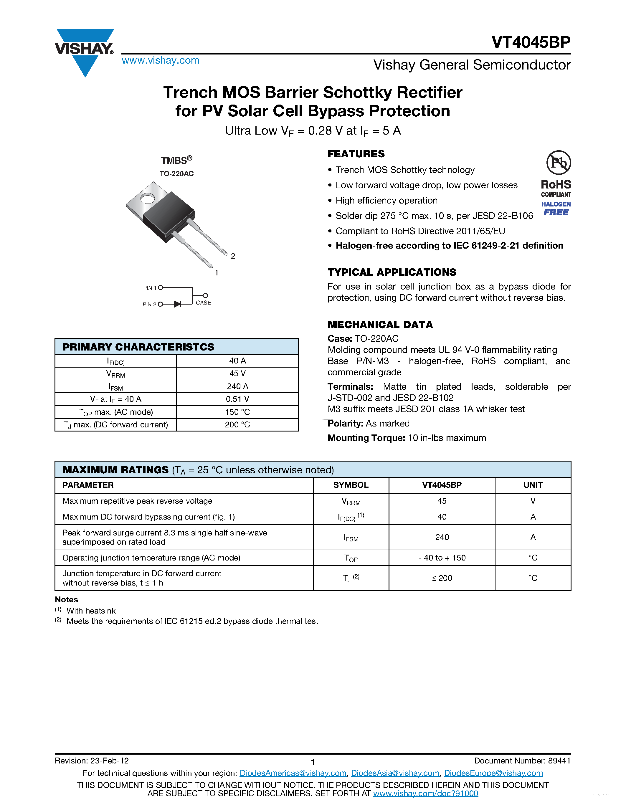 Datasheet VT4045BP - Trench MOS Barrier Schottky Rectifier page 1