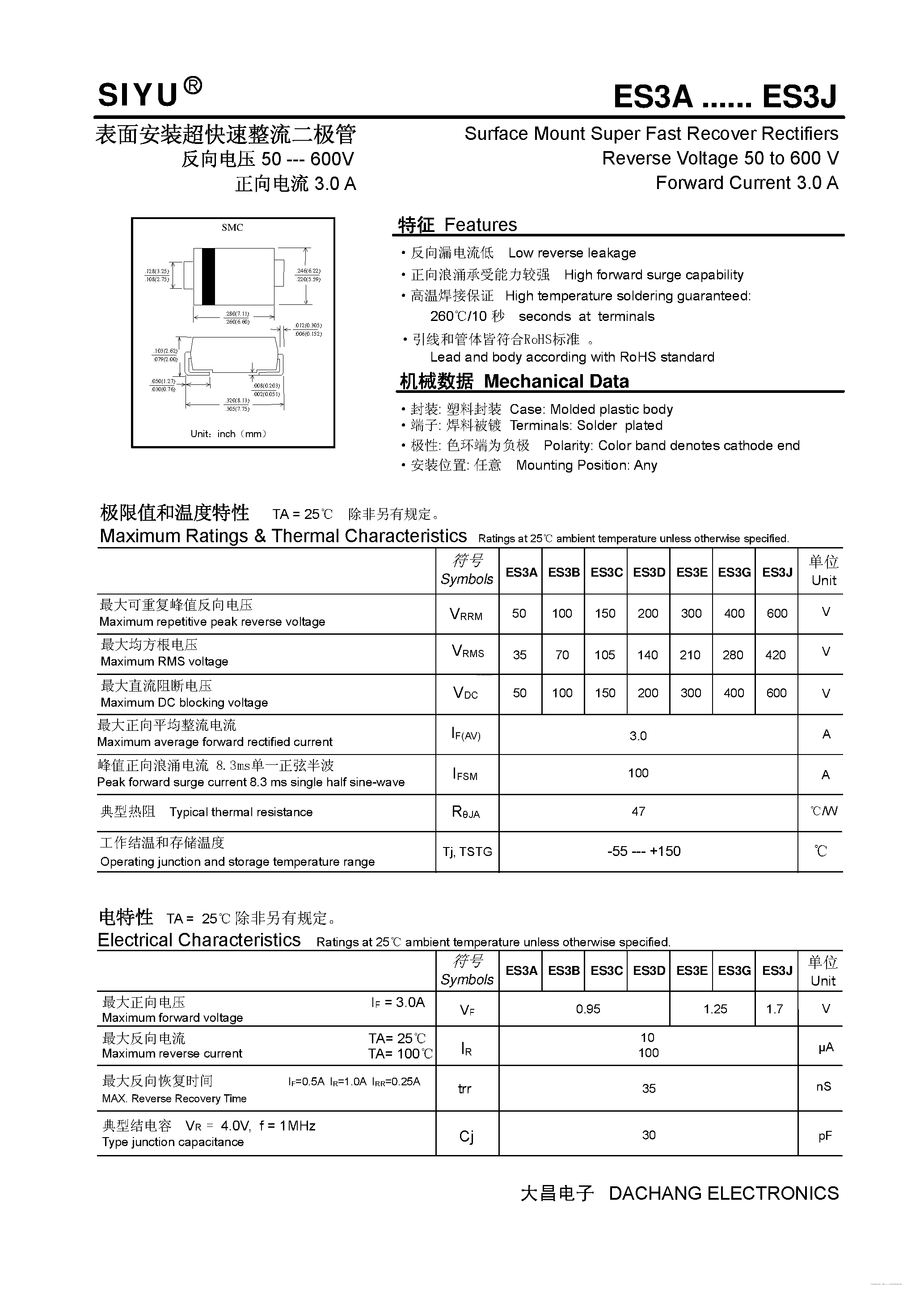 Datasheet ES3A - (ES3A - ES3J) Surface Mount Super Fast Recover Rectifiers page 1