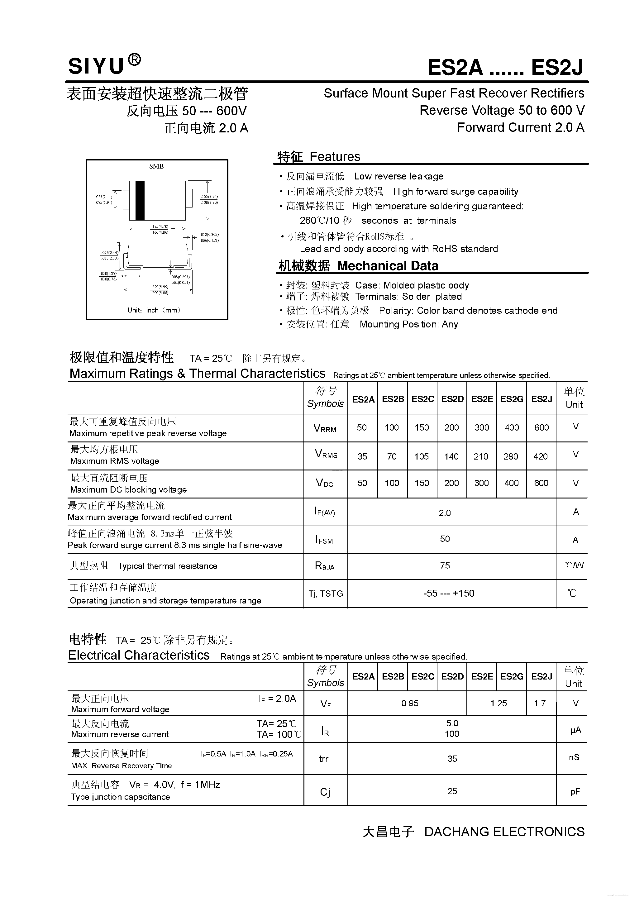 Datasheet ES2A page 1 Datasheet ES2A - (ES2A - ES2J) Surface Mount Super Fast Recover Rectifiers page 1