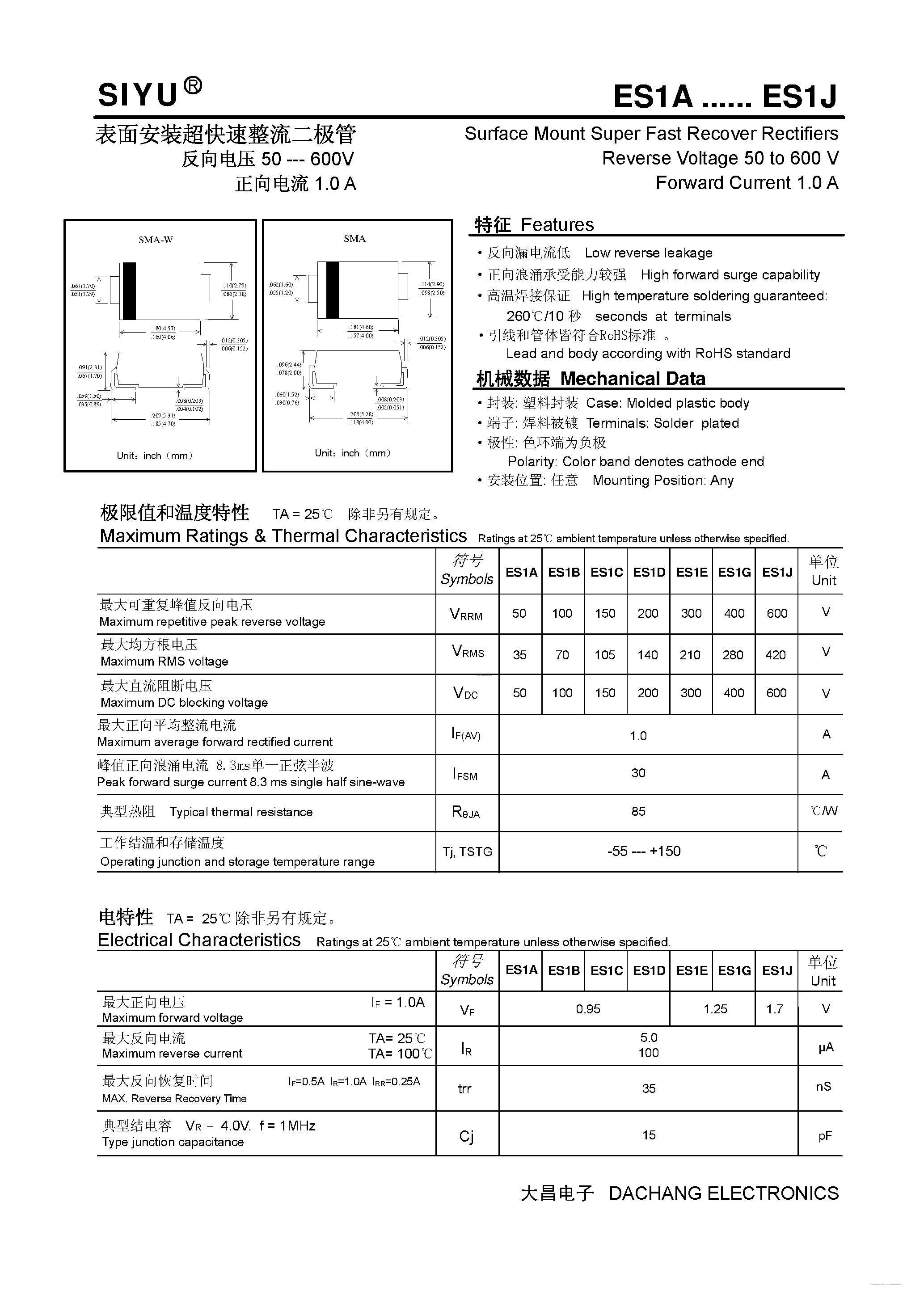 Datasheet ES1A - (ES1A - ES1J) Surface Mount Super Fast Recover Rectifiers page 1
