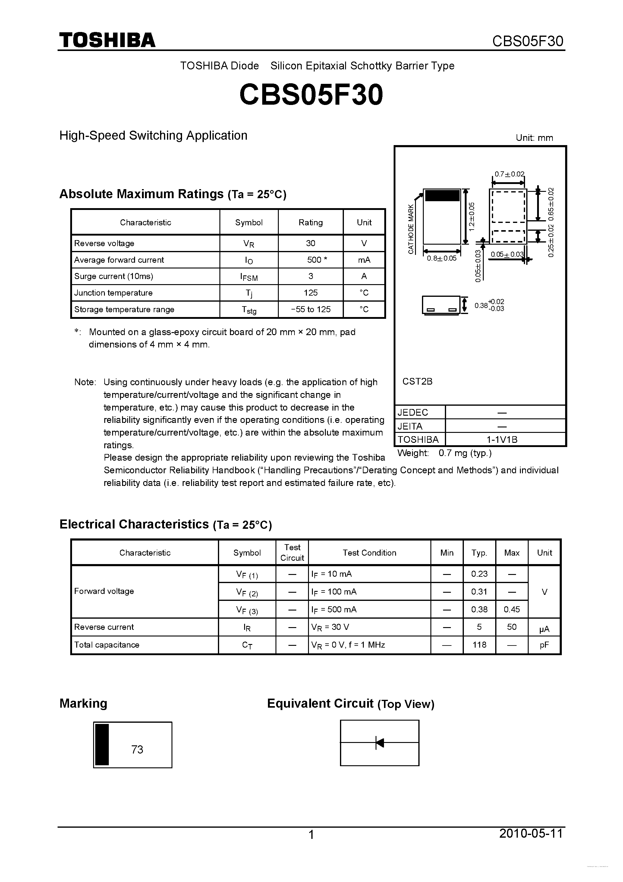 Datasheet CBS05F30 - Diode Silicon Epitaxial Schottky Barrier Type page 1