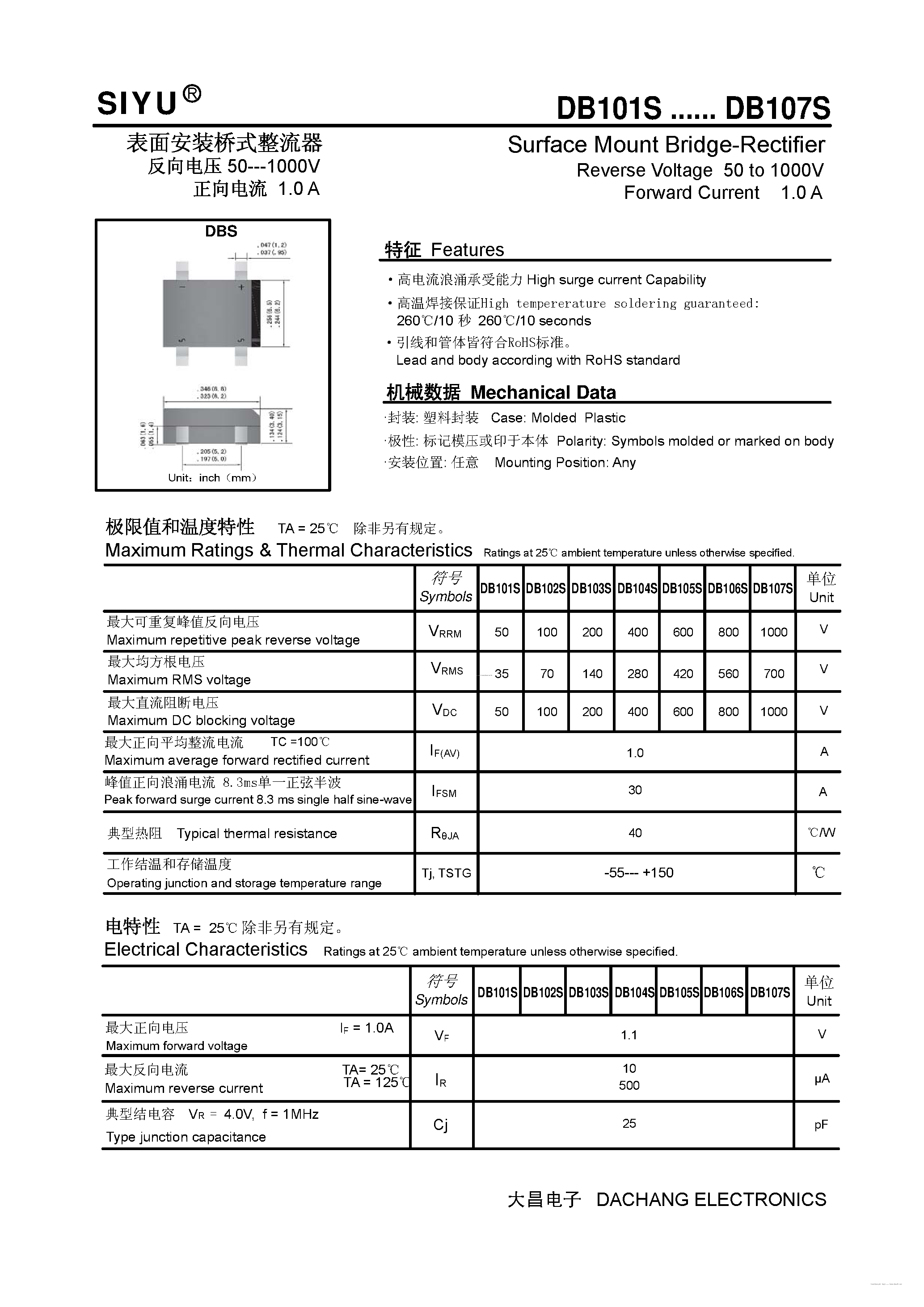 Datasheet DB101S page 1 Datasheet DB101S - (DB101S - DB107S) Surface Mount Bridge-Rectifier page 1