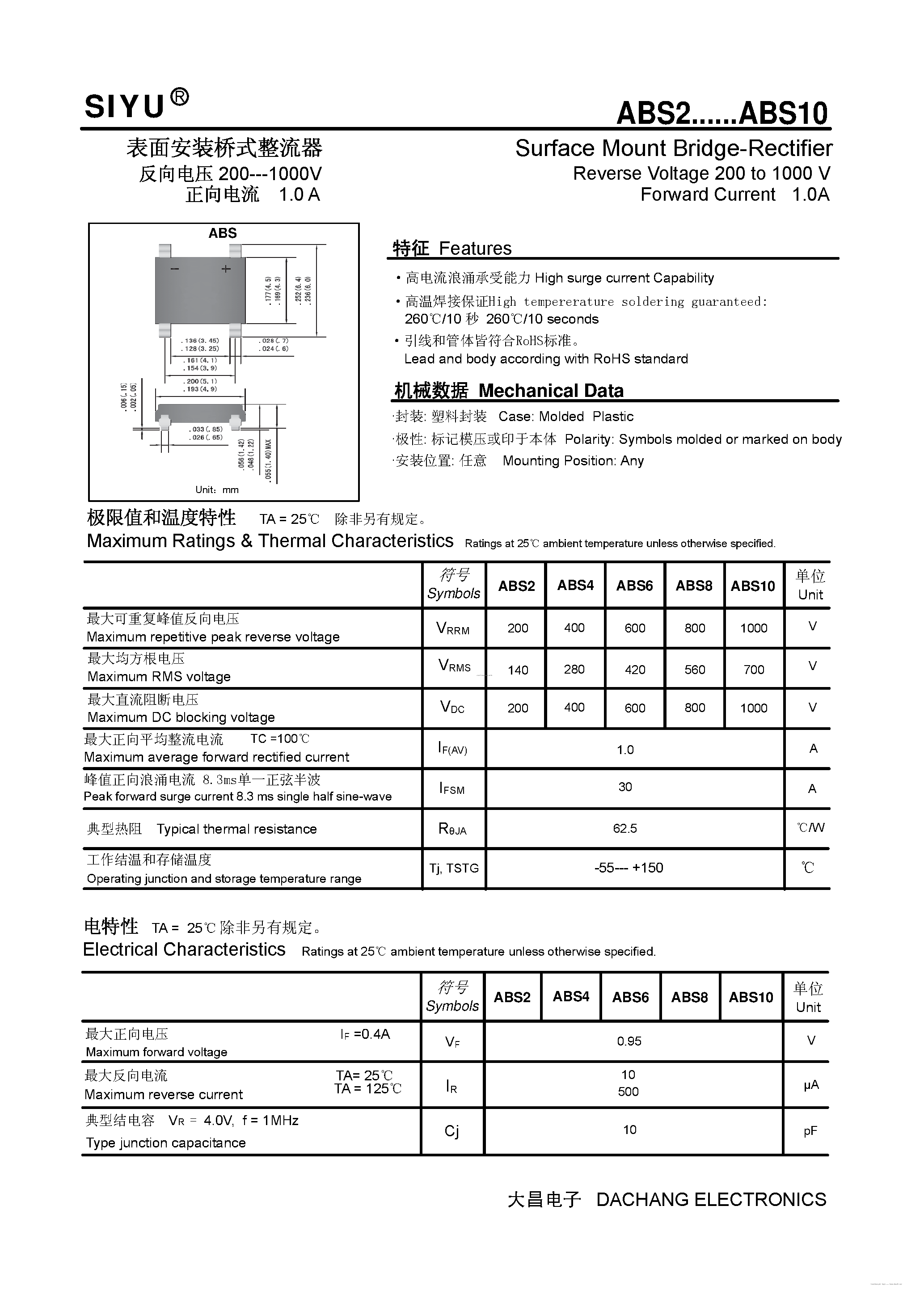 Datasheet ABS10 - (ABS2 - ABS10) Surface Mount Bridge-Rectifier page 1