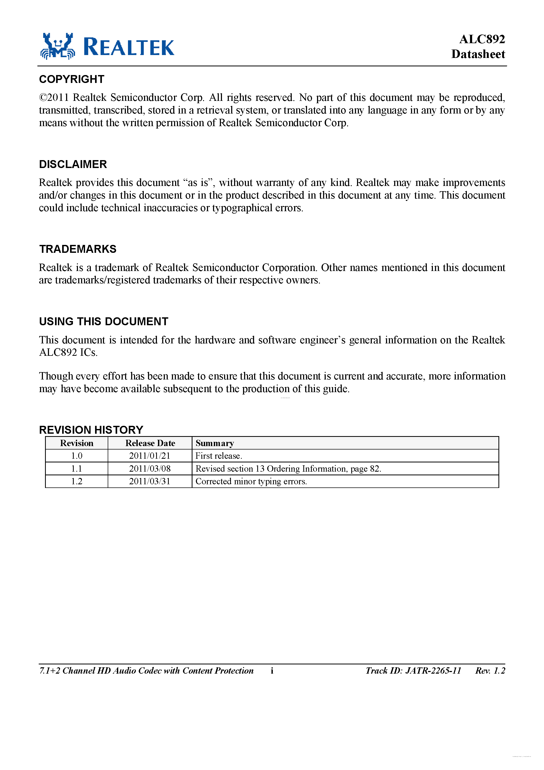 Datasheet ALC892 - 7.1 + 2 Channel HD Audio Codec page 2