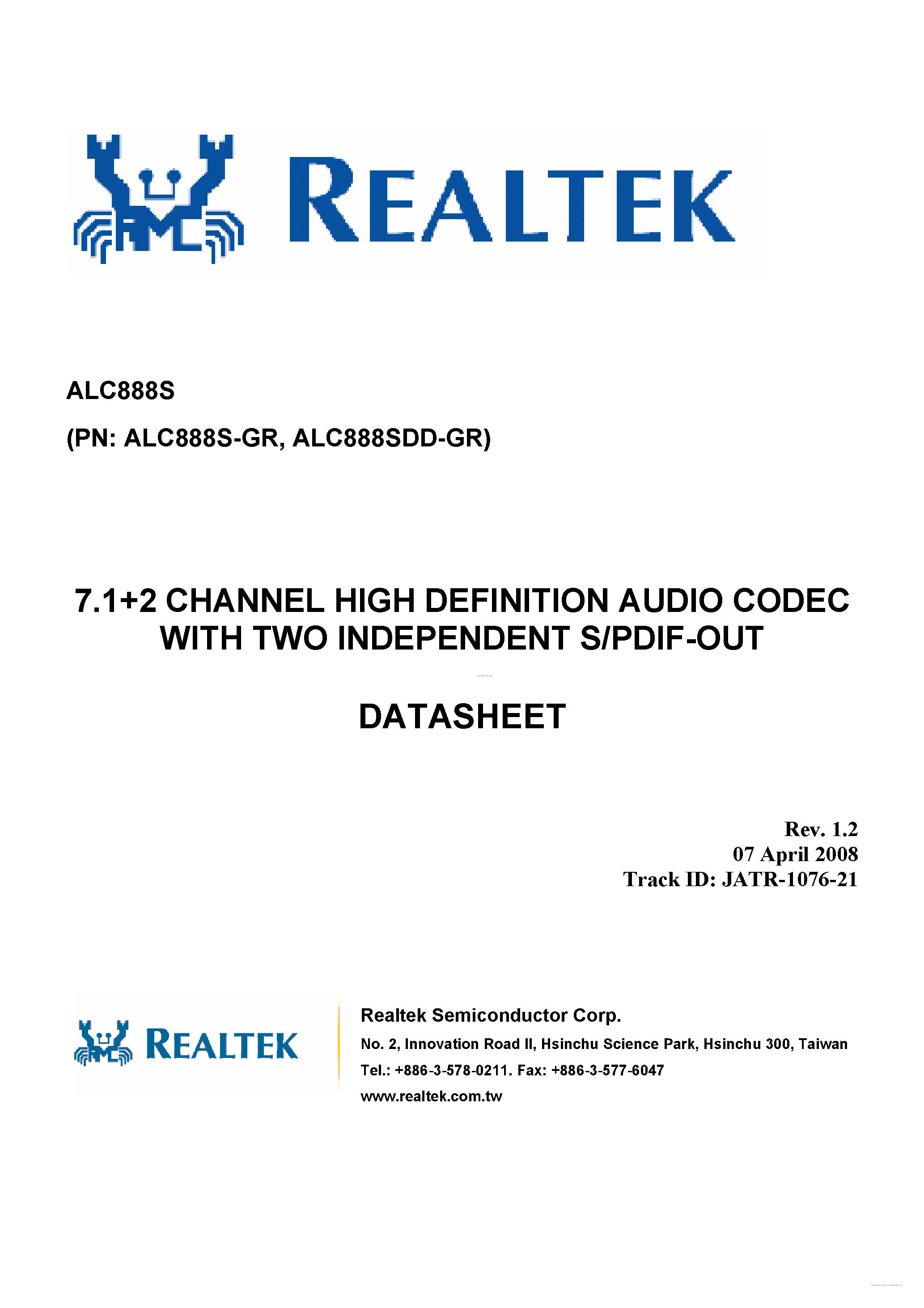 Datasheet ALC888S - 7.1 + 2 Channel High Definition Audio Codec page 1