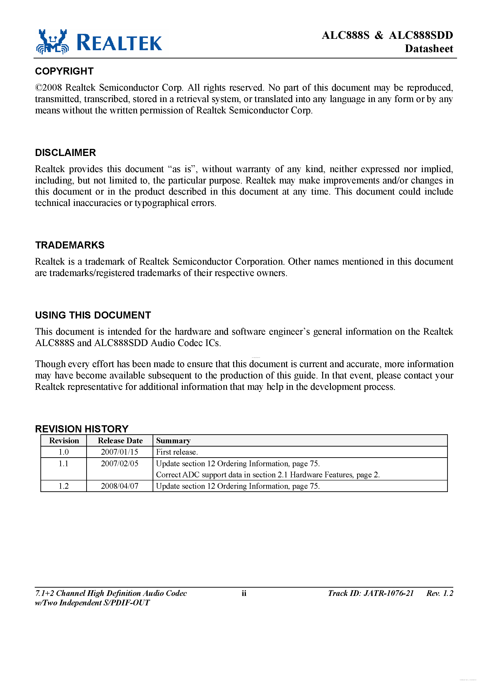 Datasheet ALC888S - 7.1 + 2 Channel High Definition Audio Codec page 2