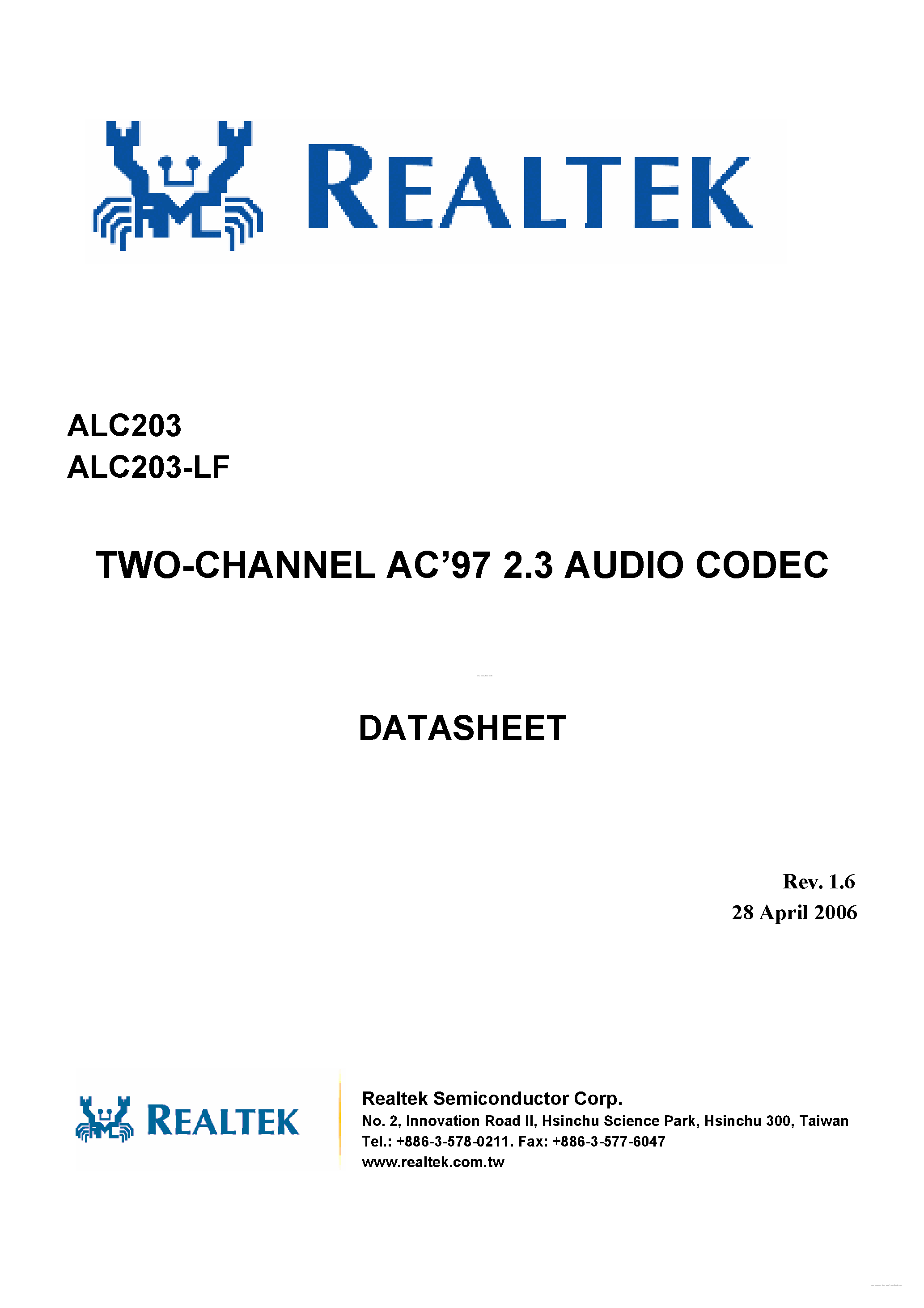 Datasheet ALC203 - 2-Channel AC97 2.3 Audio Codec page 1