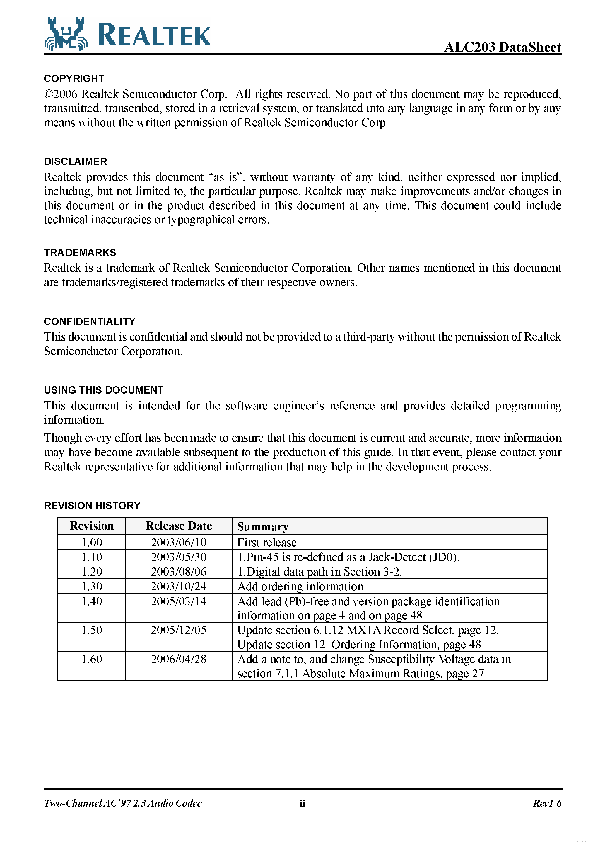 Datasheet ALC203 - 2-Channel AC97 2.3 Audio Codec page 2
