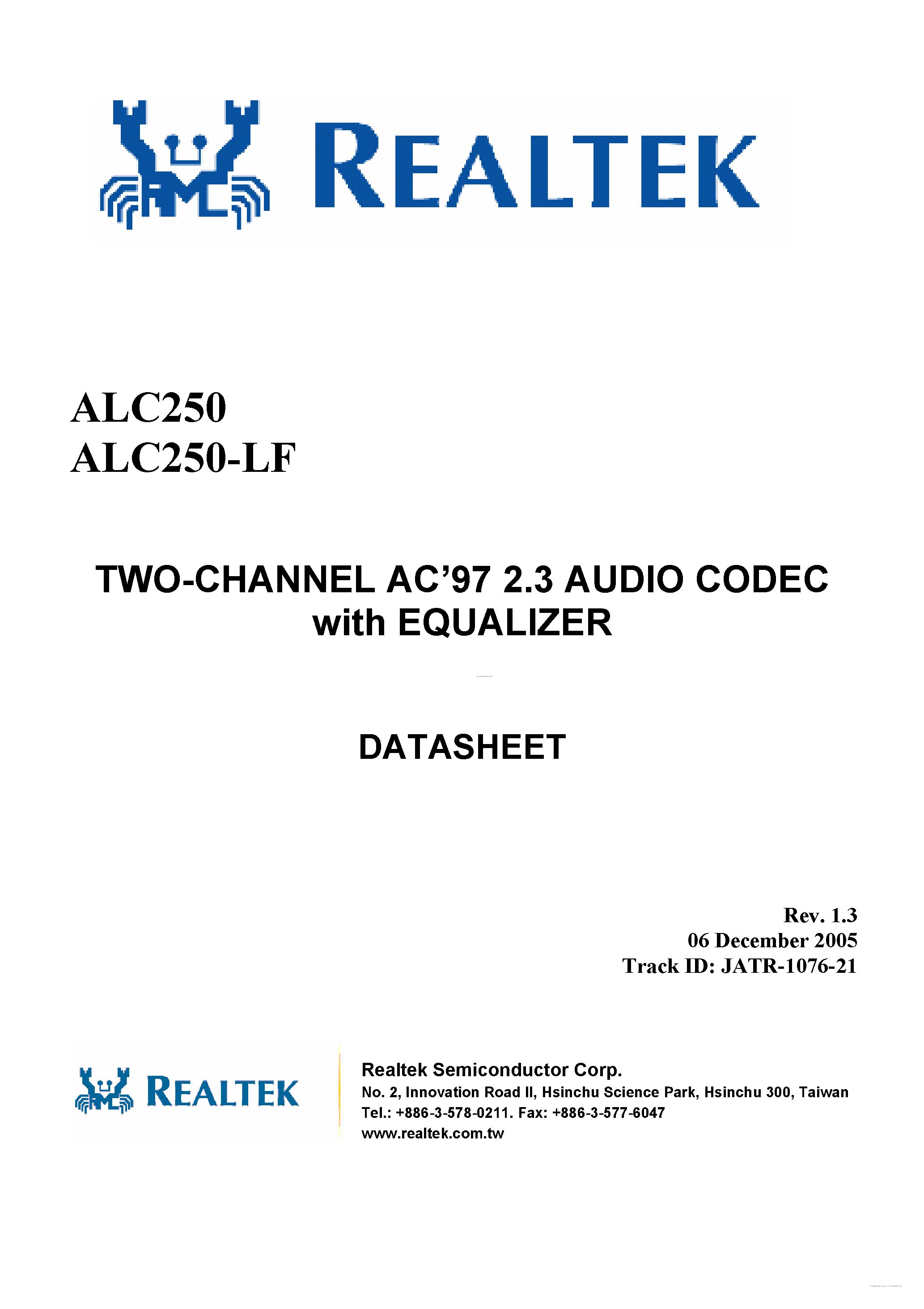 Datasheet ALC250 - 2-Channel AC97 2.3 Audio Codec page 1