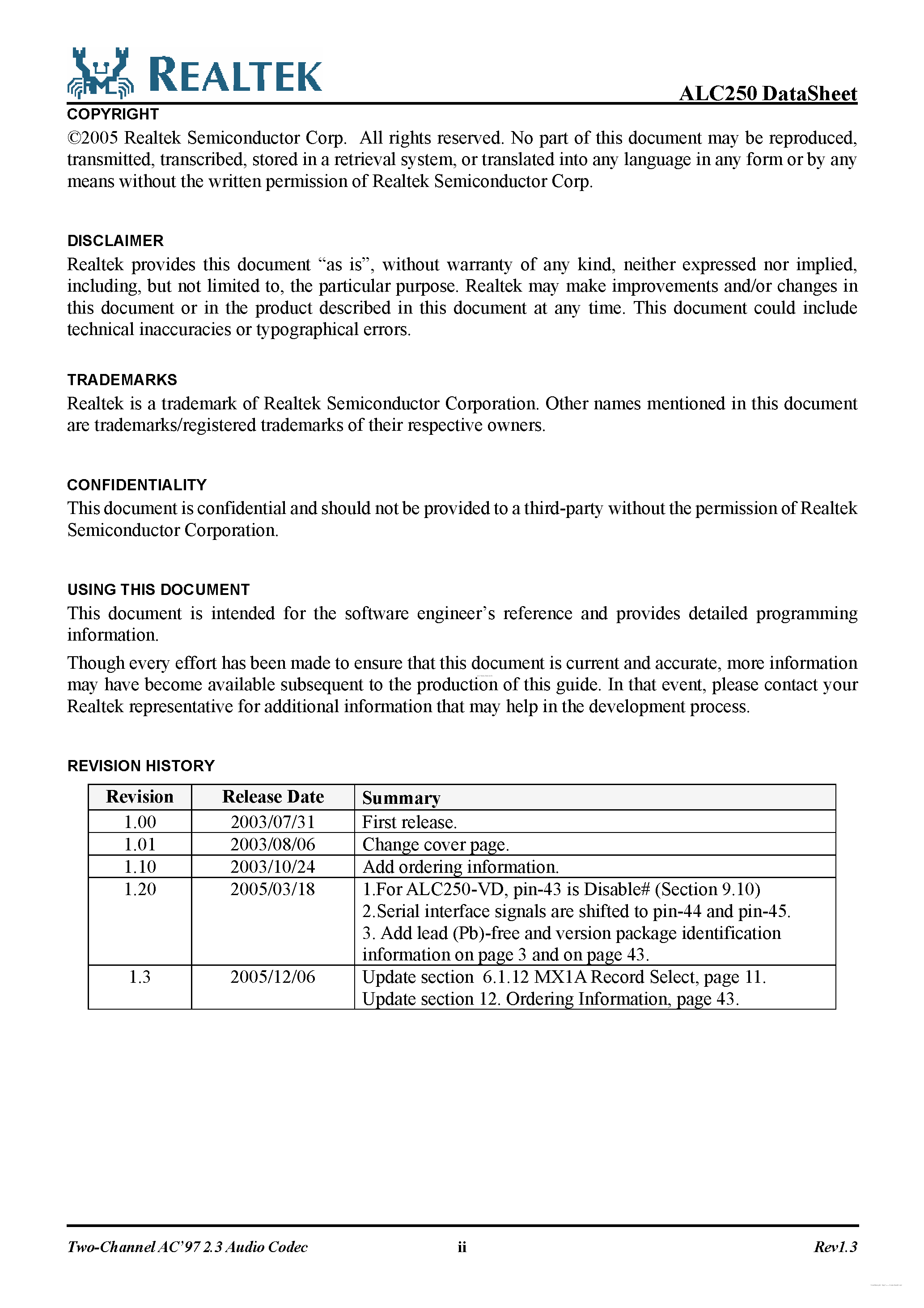 Datasheet ALC250 - 2-Channel AC97 2.3 Audio Codec page 2