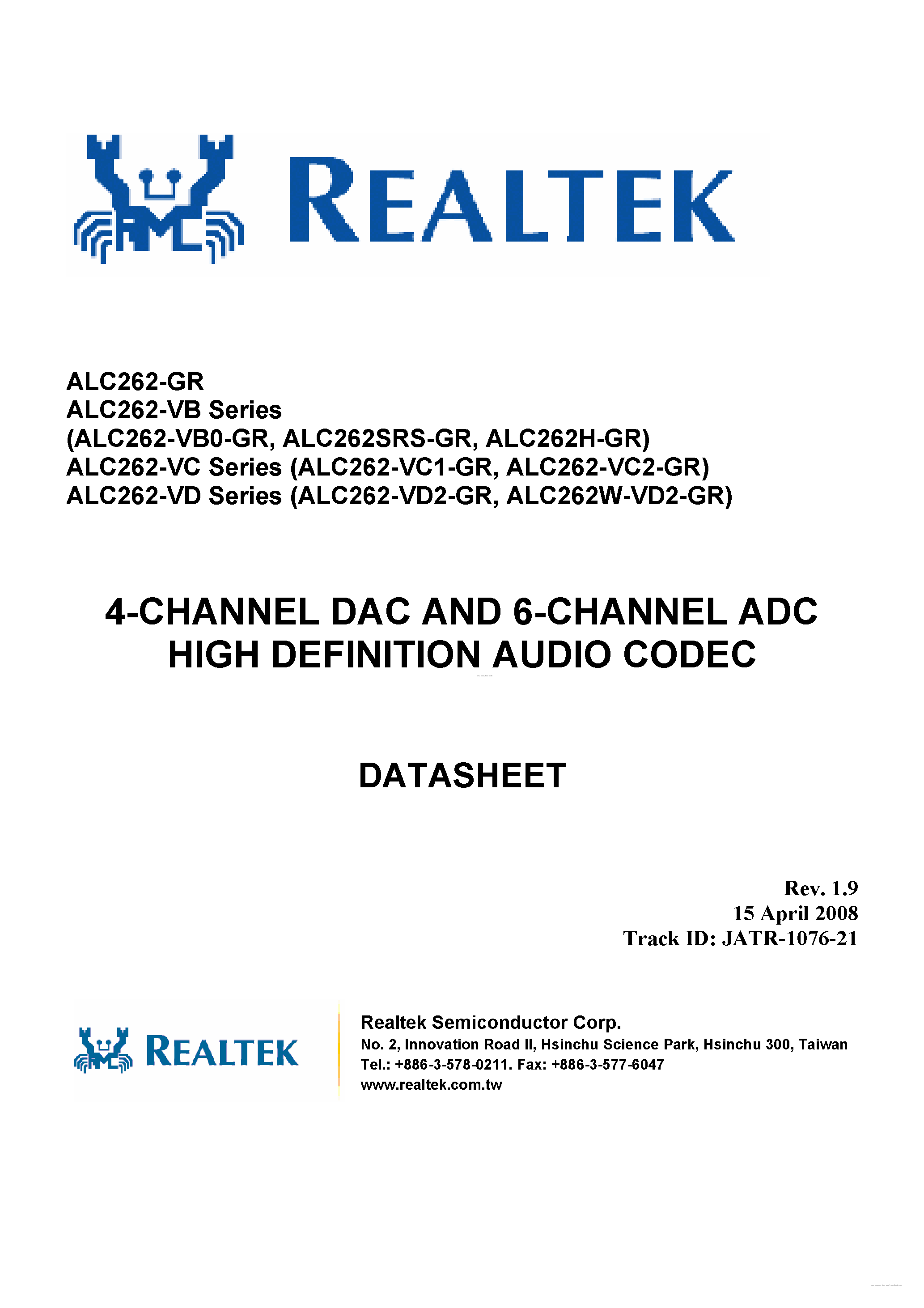 Datasheet ALC262 - 4-Channel DAC and 6-Channel ADC HD Audio Codec page 1