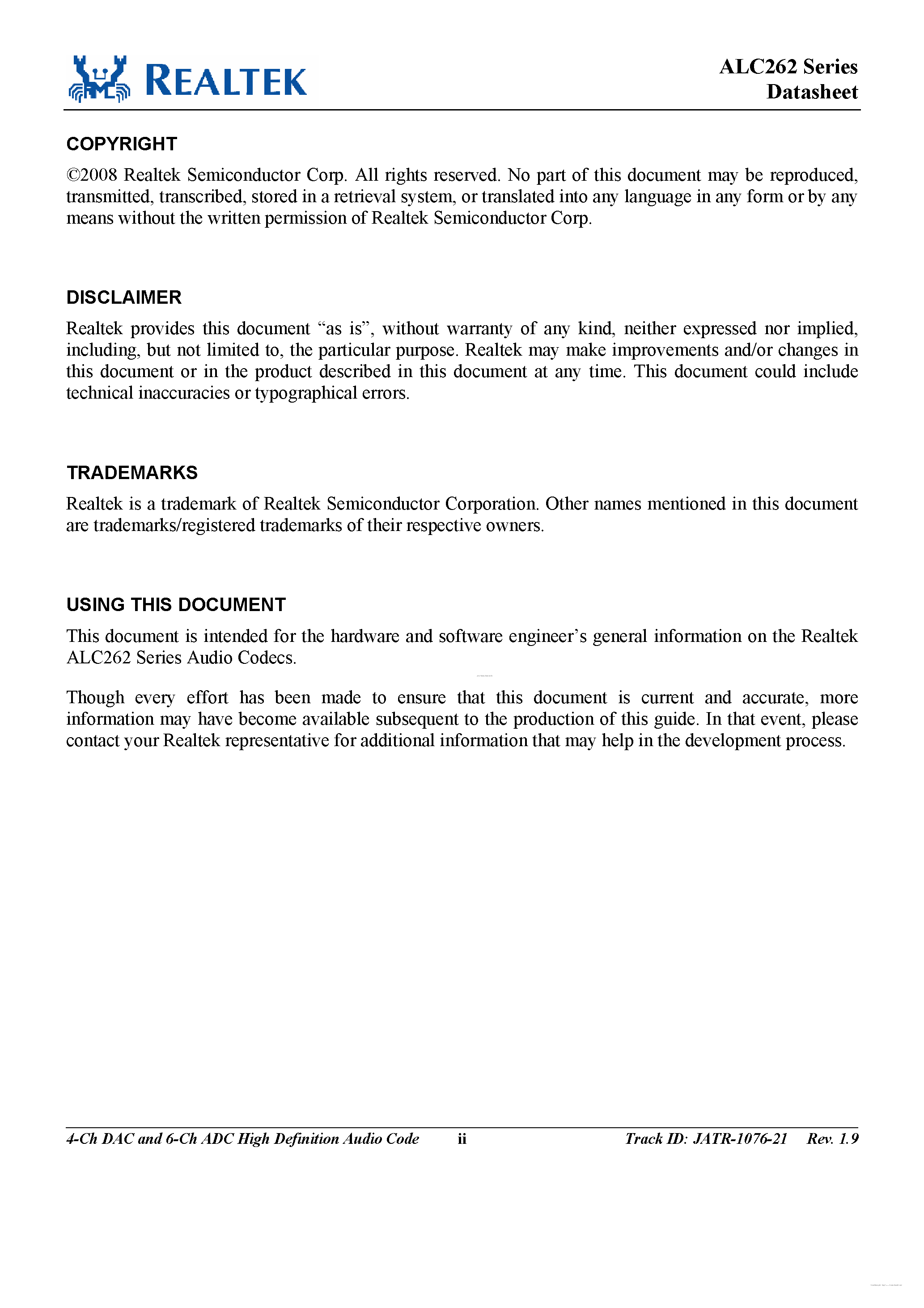 Datasheet ALC262 - 4-Channel DAC and 6-Channel ADC HD Audio Codec page 2