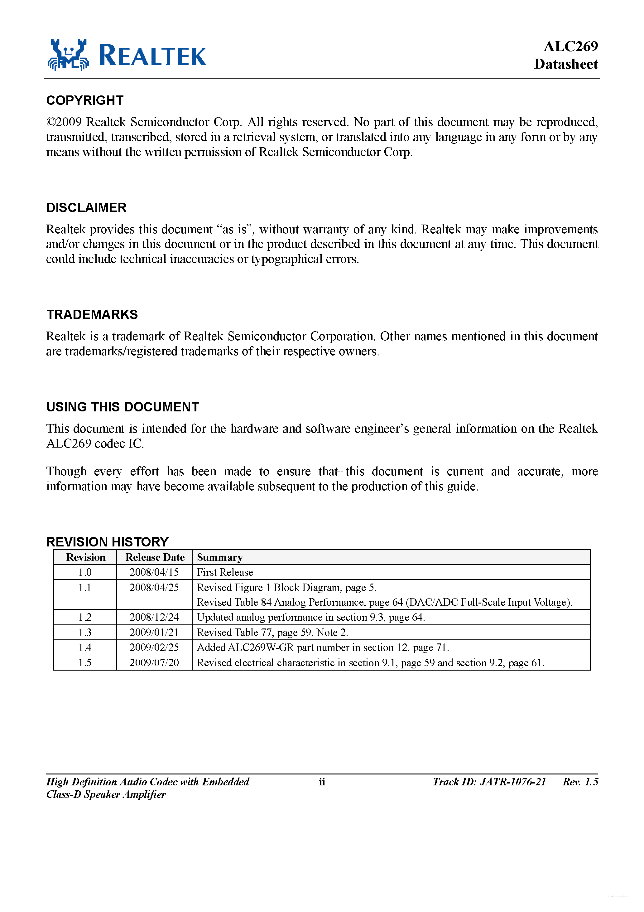 Даташит ALC269 - HD Audio Codec страница 2