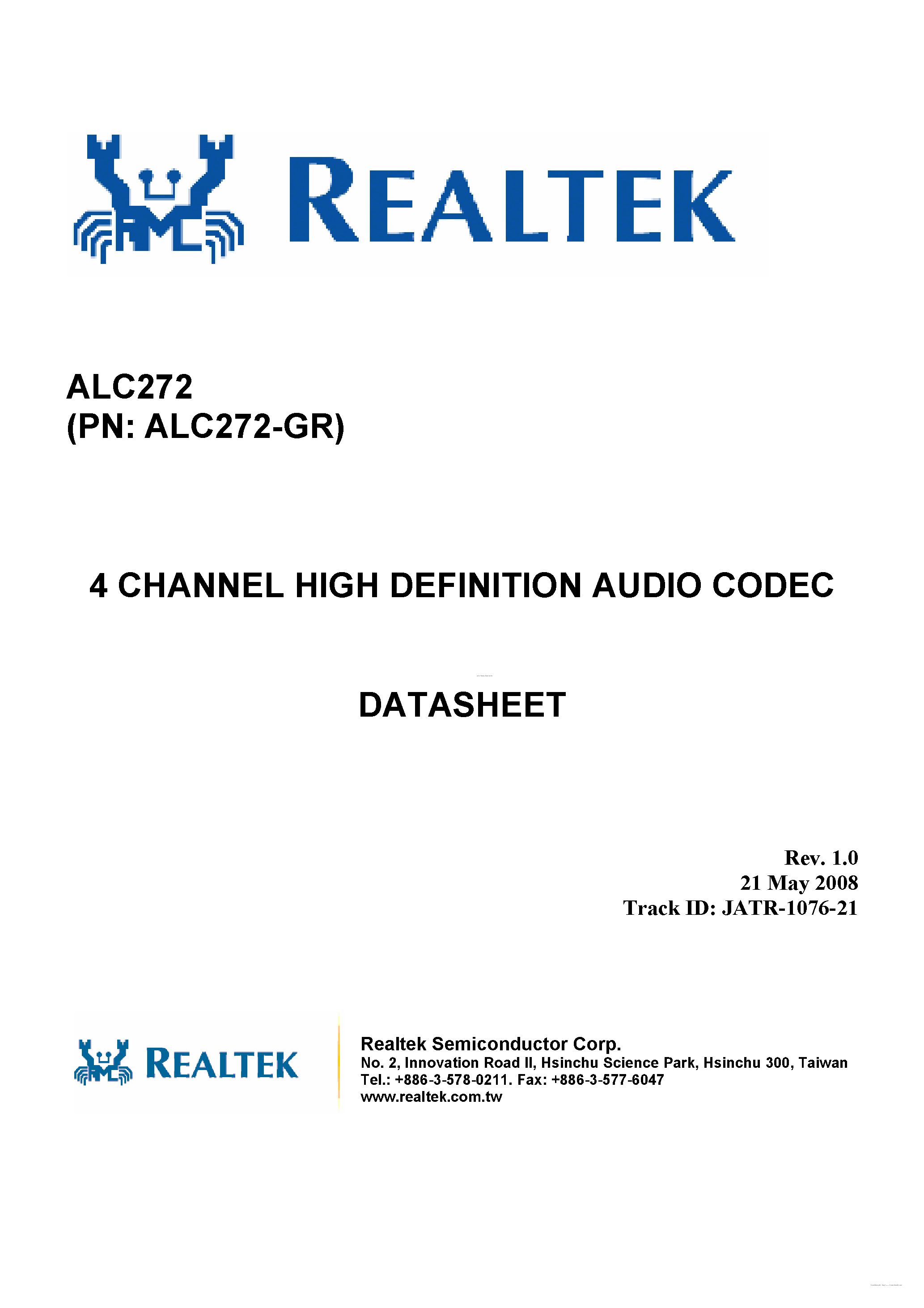 Даташит на микросхему ALC272 страница 1 Даташит ALC272 - 4-Channel HD Audio Codec страница 1