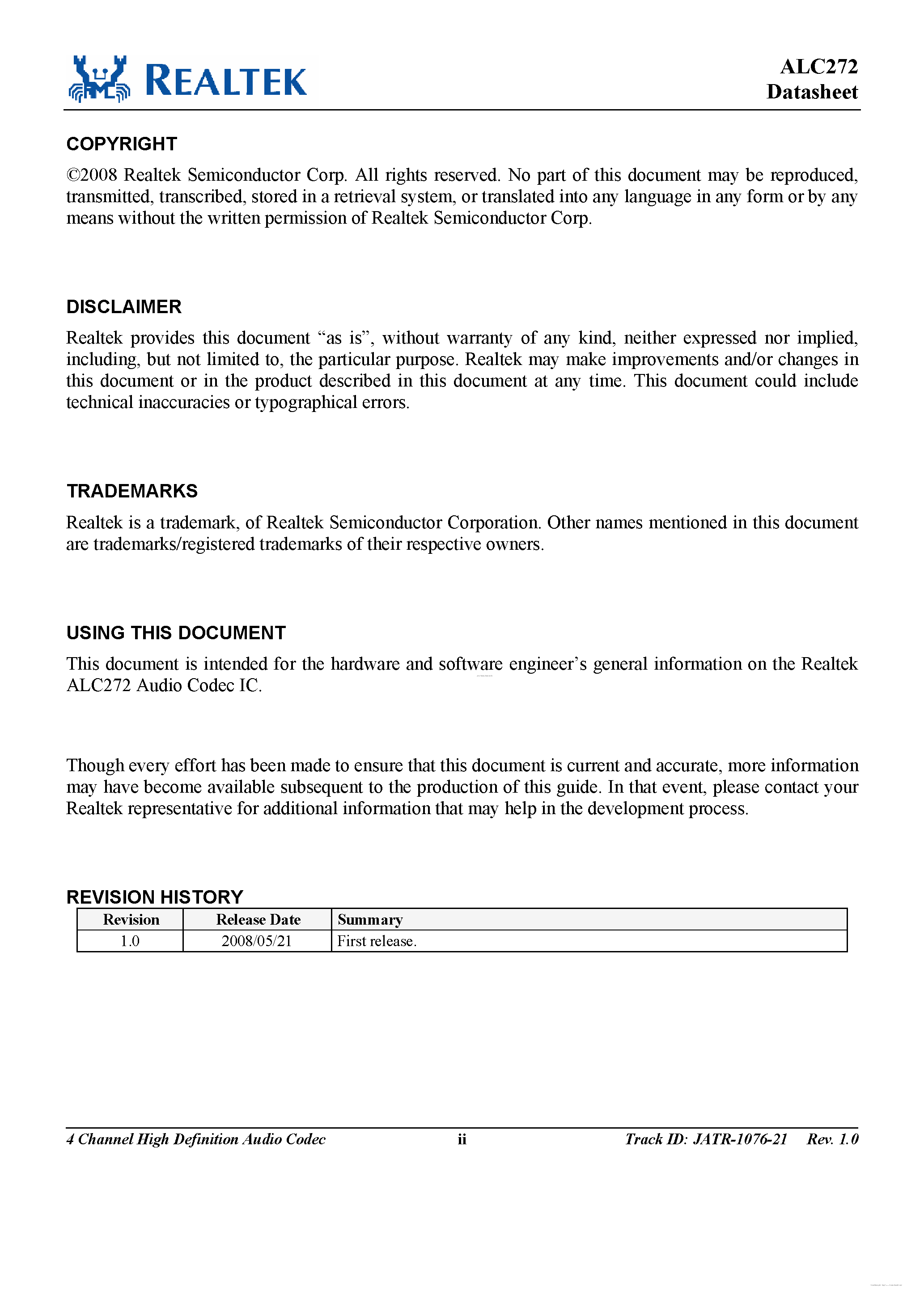 Даташит на микросхему ALC272 страница 2 Даташит ALC272 - 4-Channel HD Audio Codec страница 2