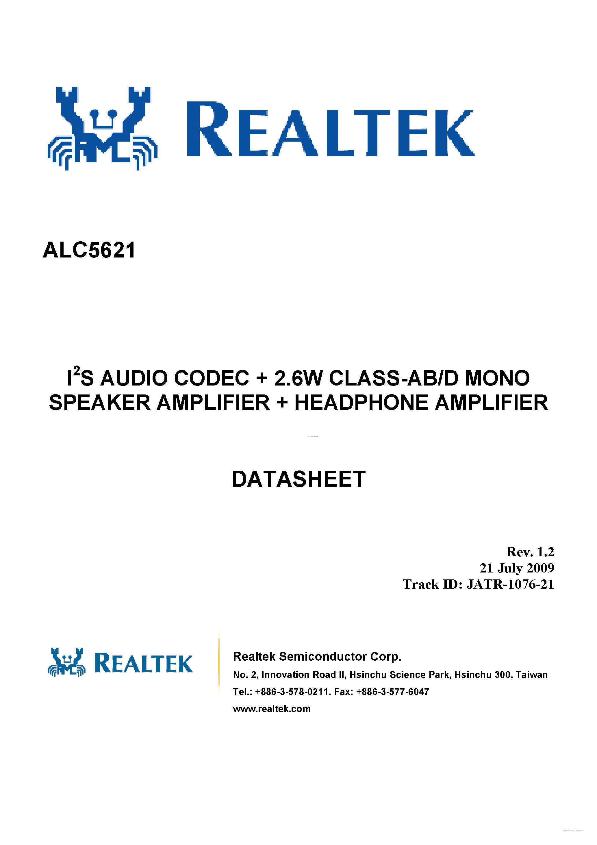 Даташит ALC5621 - I2S Audio Codec + 2.6W Class-AB/D Mono Speaker Amplifier + Headphone Amplifier страница 1