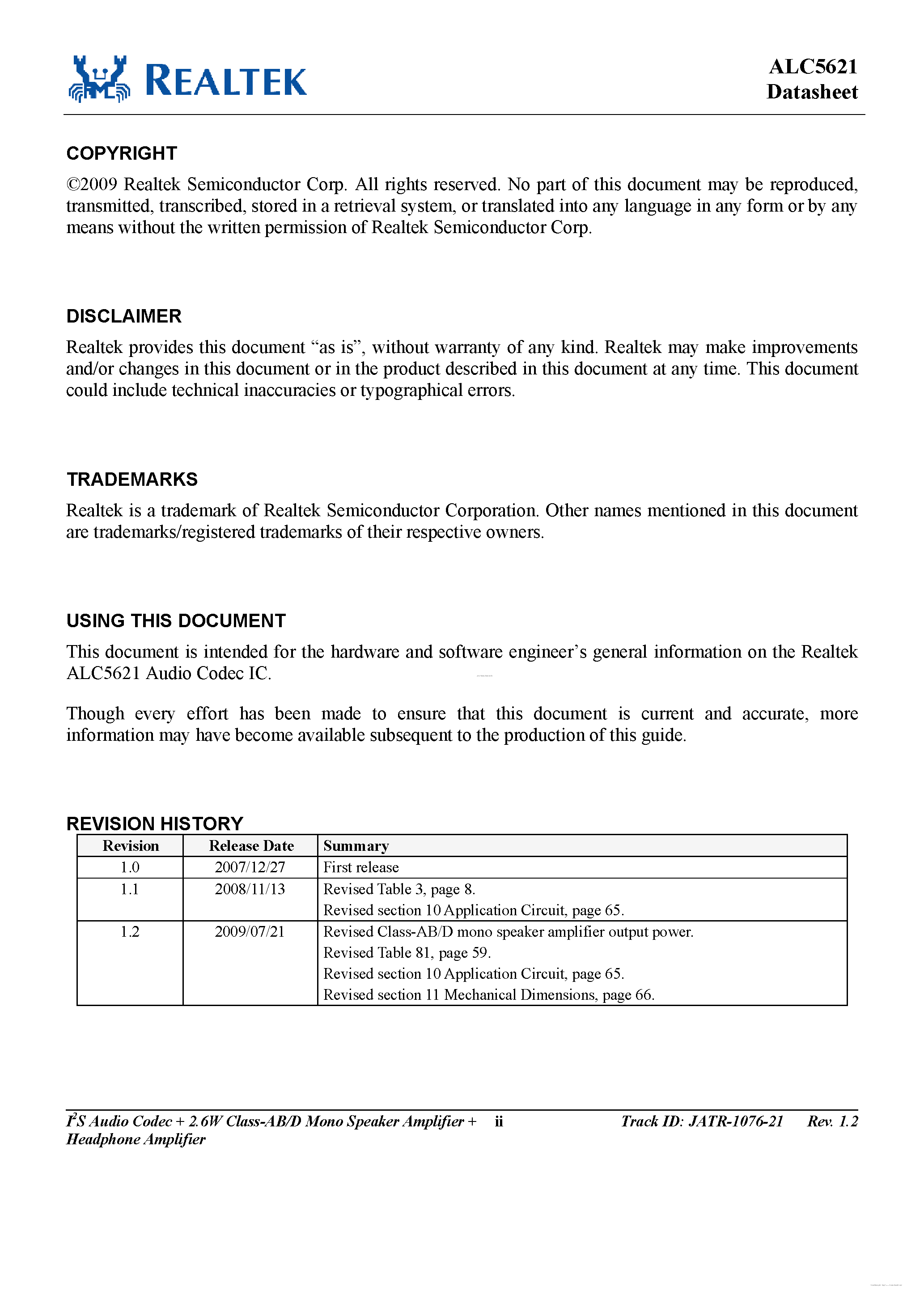 Даташит ALC5621 - I2S Audio Codec + 2.6W Class-AB/D Mono Speaker Amplifier + Headphone Amplifier страница 2