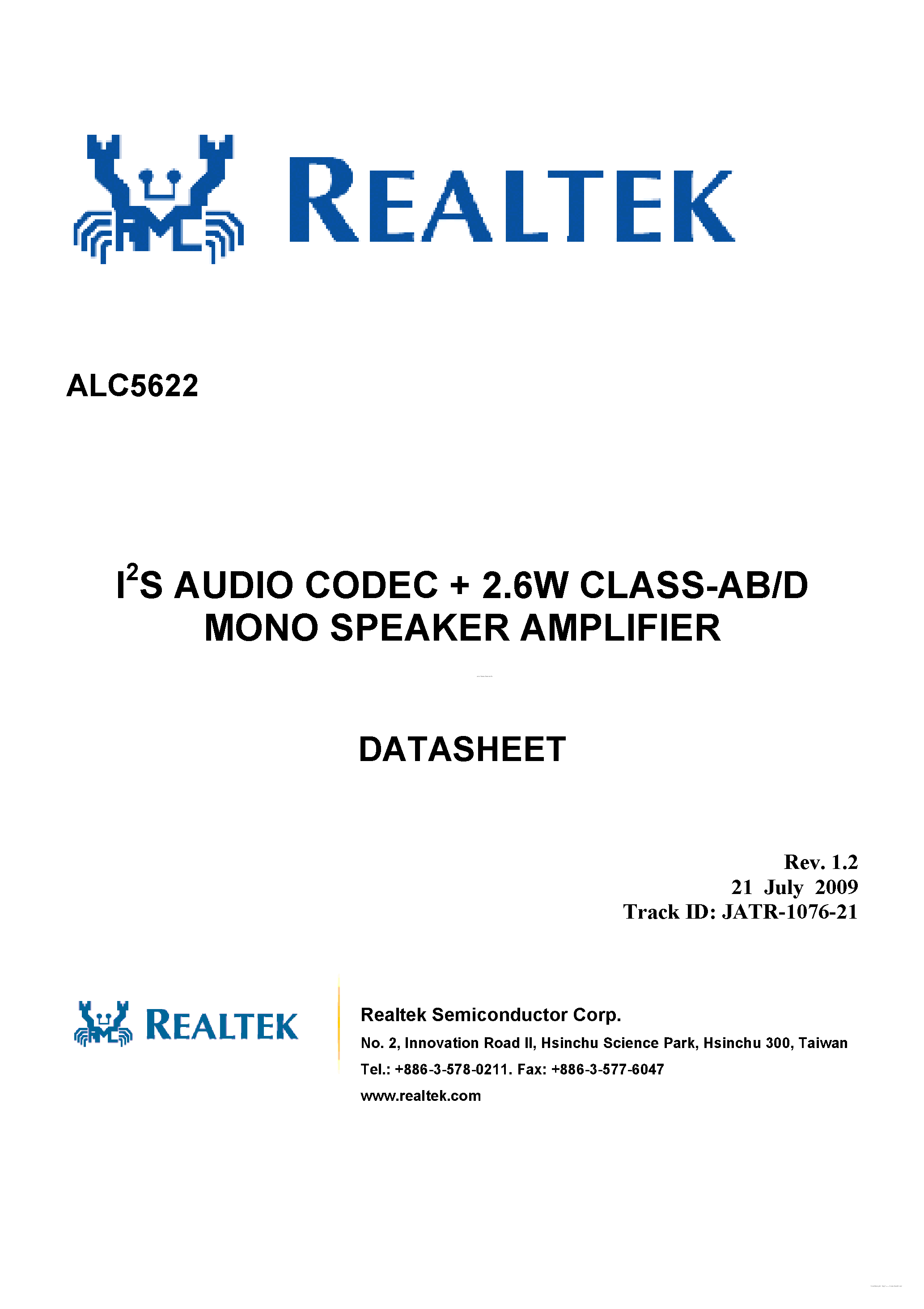 Даташит ALC5622 - I2S Audio Codec + 2.6W Class-AB/D Mono Speaker Amplifier страница 1