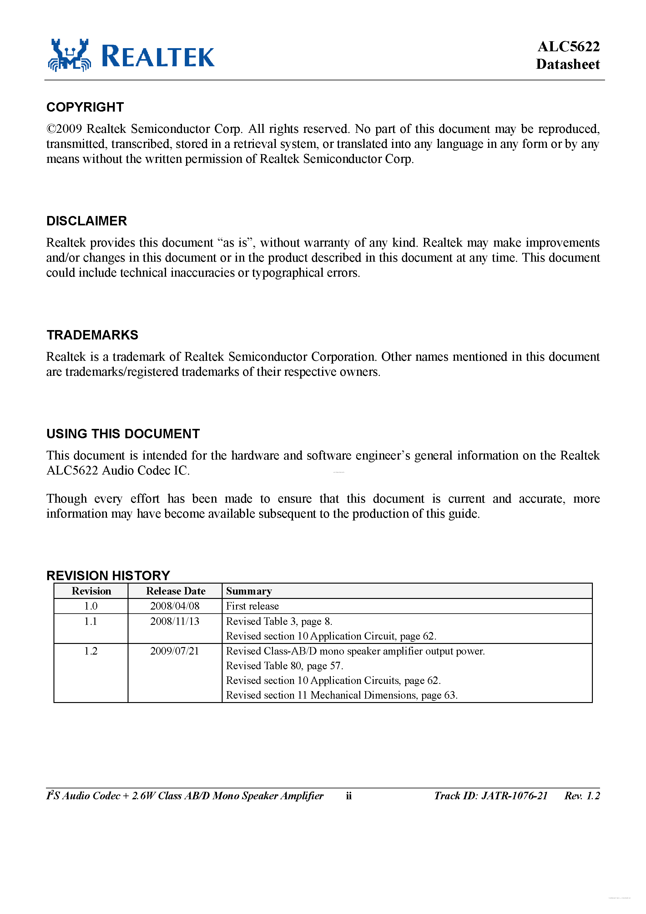 Даташит ALC5622 - I2S Audio Codec + 2.6W Class-AB/D Mono Speaker Amplifier страница 2