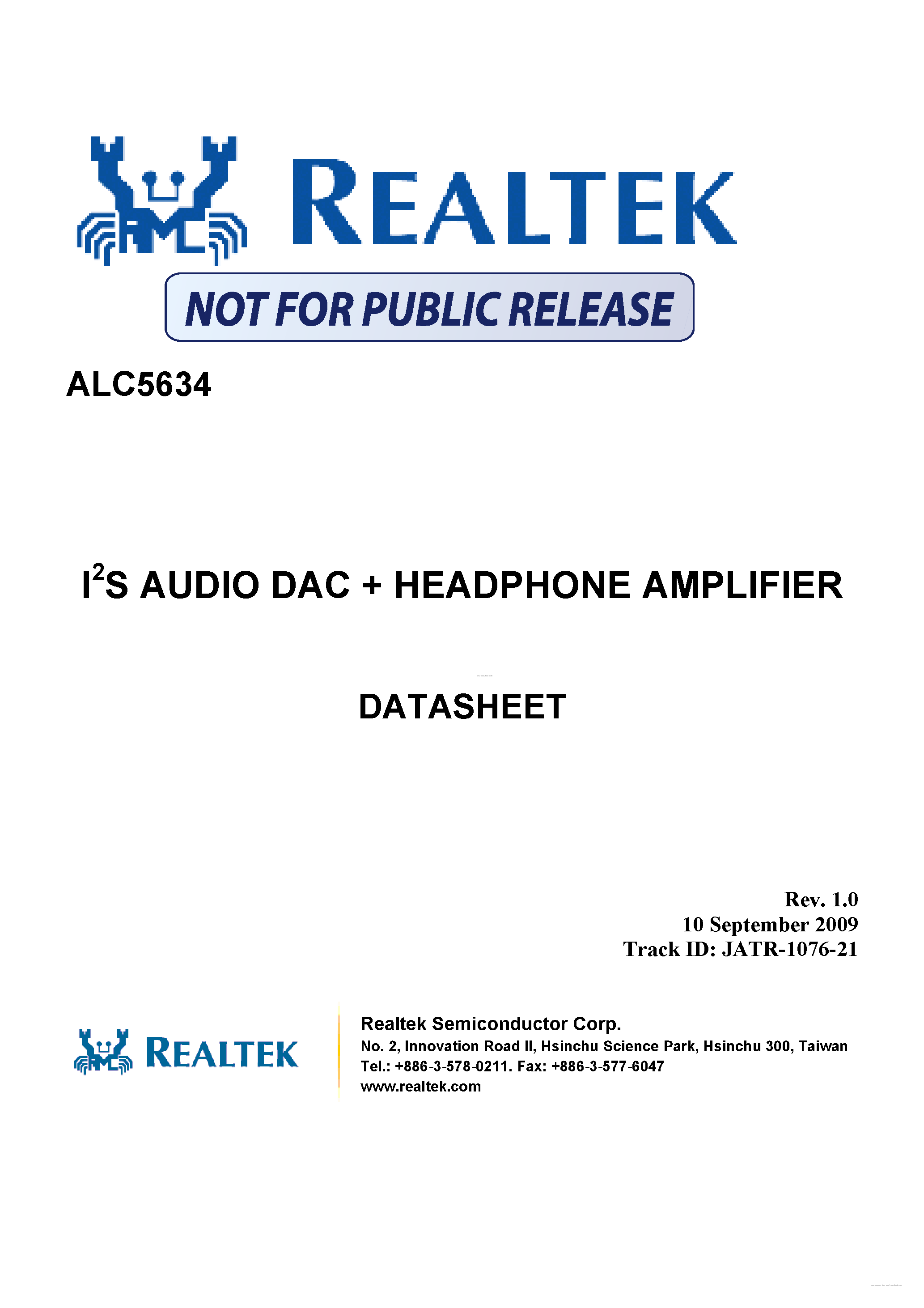 Datasheet ALC5634 - I2S Audio DAC + Headphone Amplifier page 1