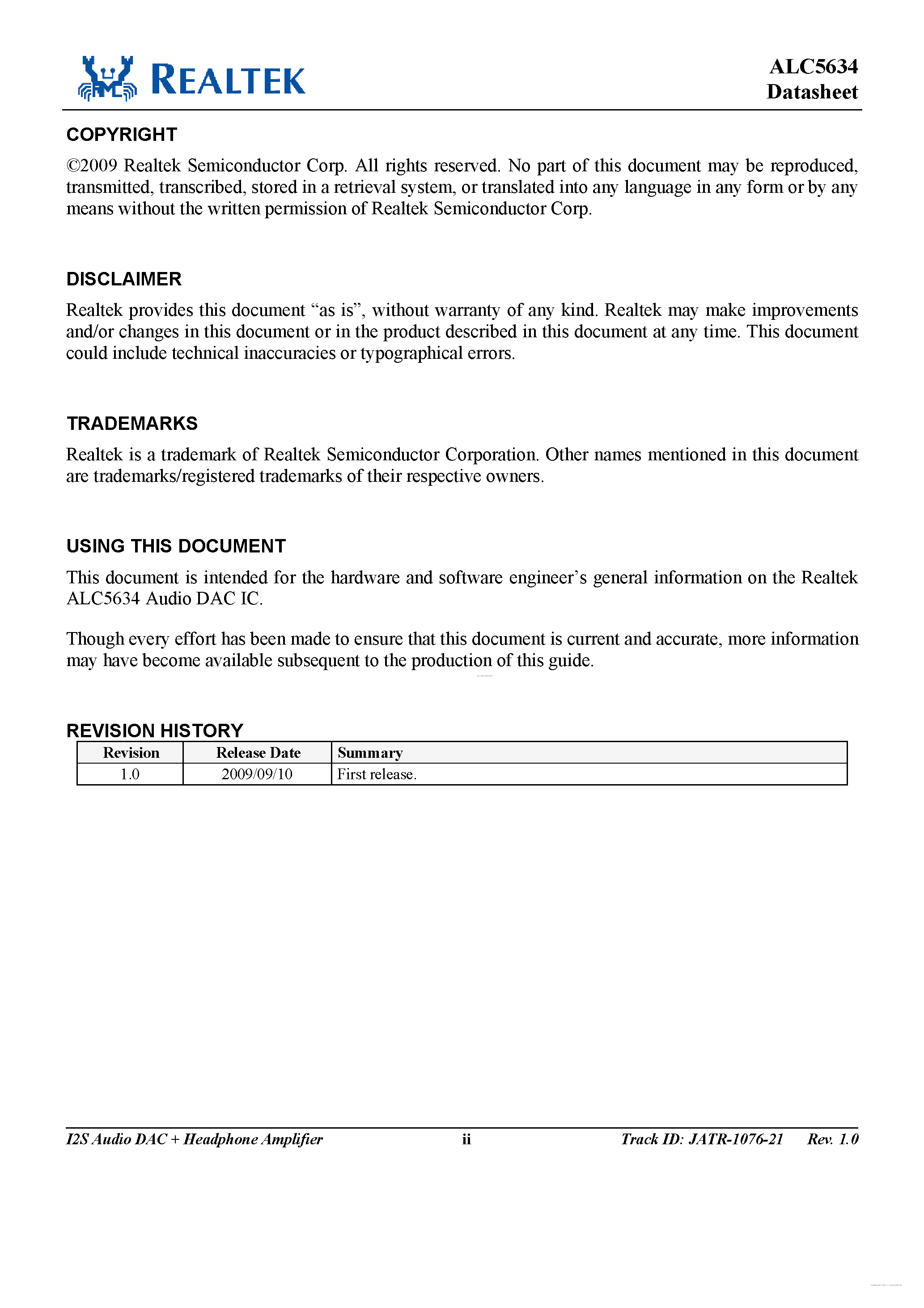 Datasheet ALC5634 - I2S Audio DAC + Headphone Amplifier page 2