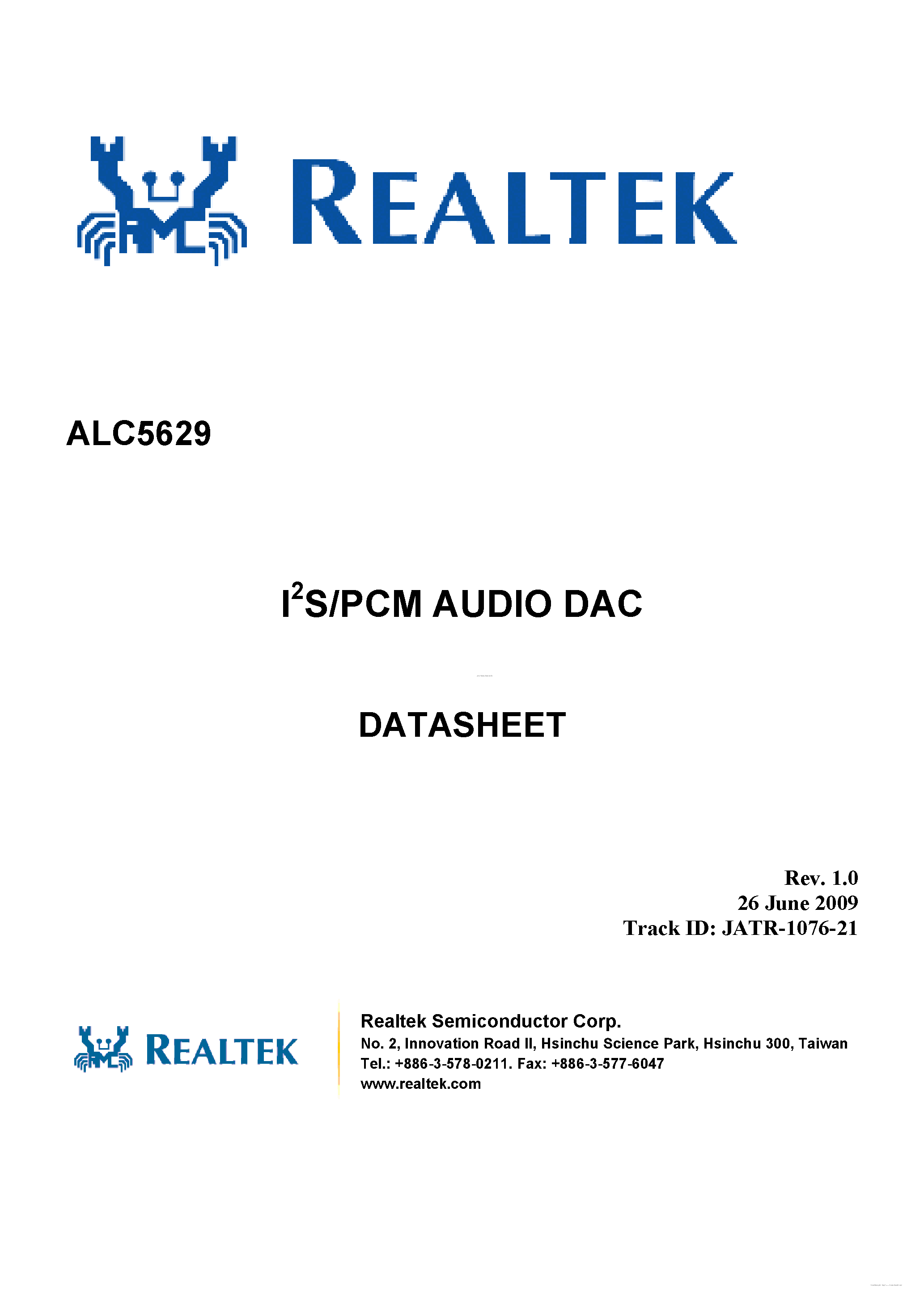 Datasheet ALC5629 - I2S / PCM Audio DAC page 1