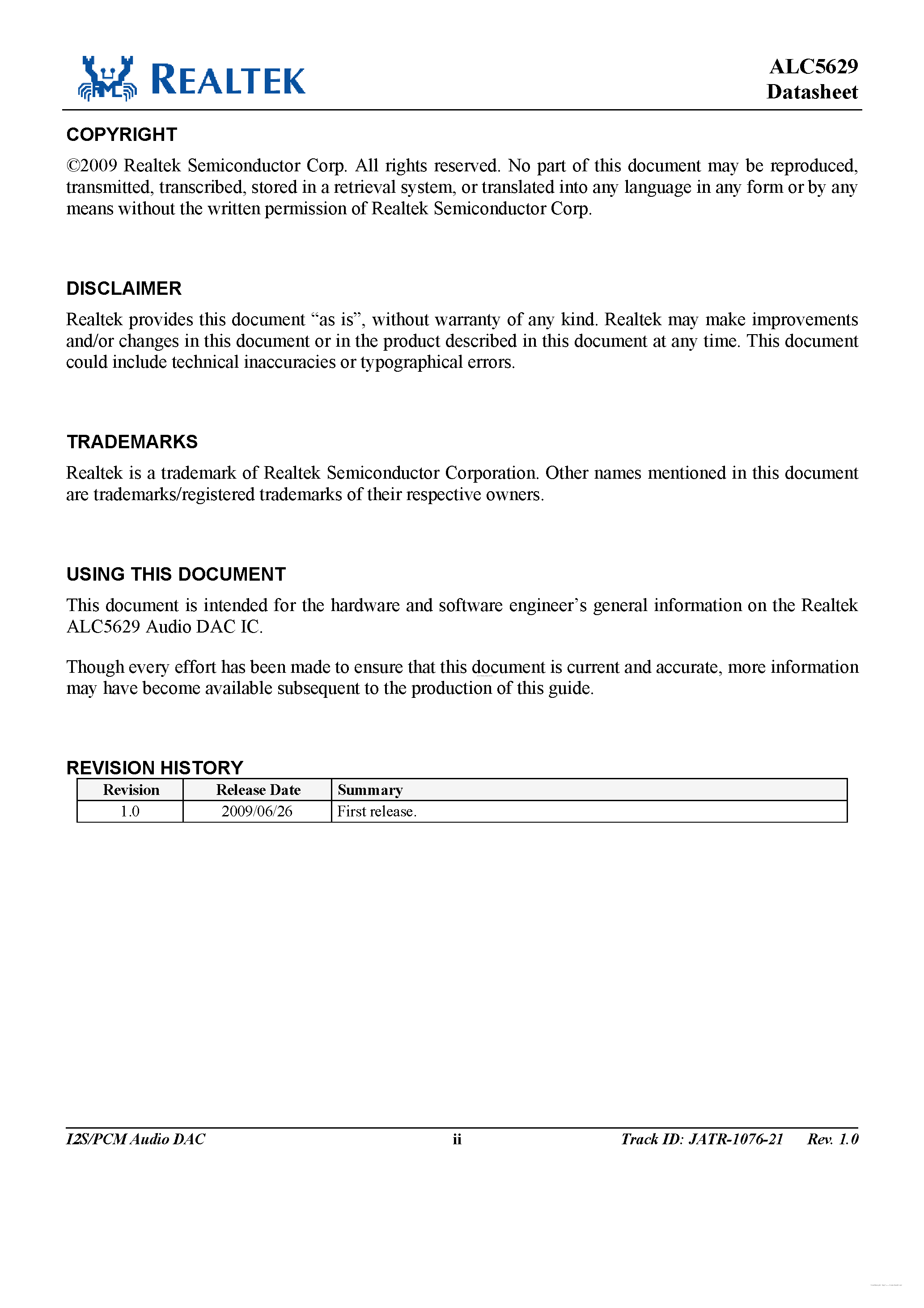 Datasheet ALC5629 - I2S / PCM Audio DAC page 2