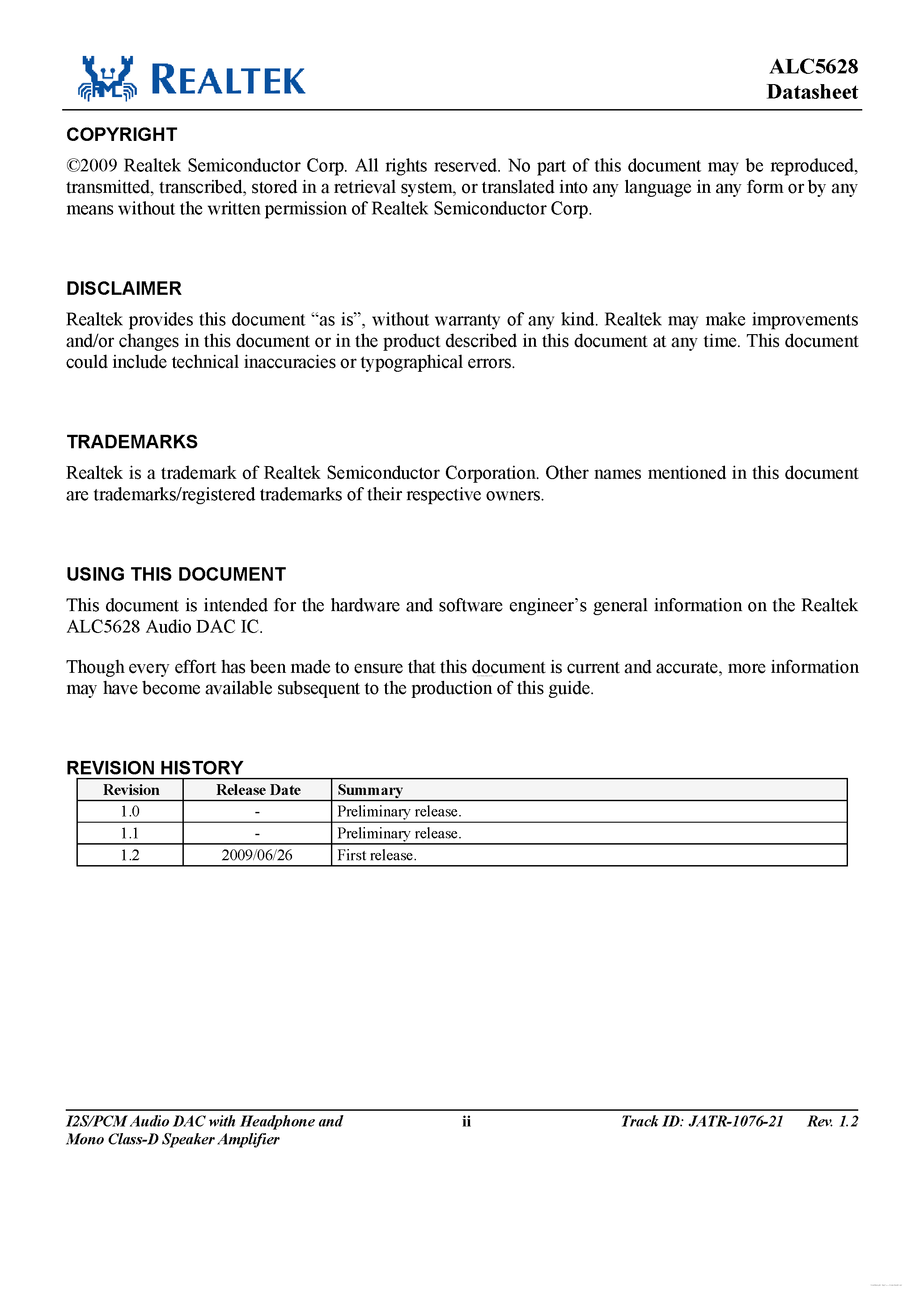 Даташит ALC5628 - I2S / PCM Stereo DAC страница 2