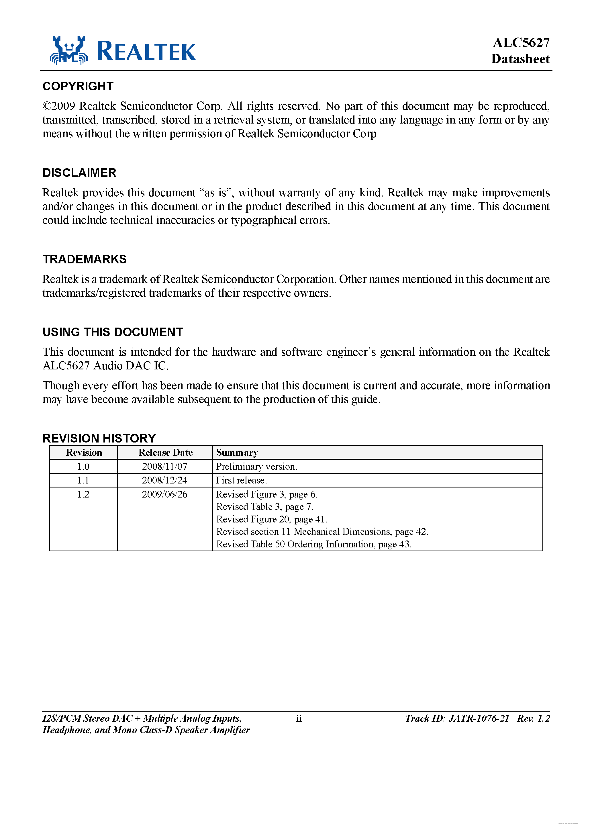 Даташит ALC5627 - I2S / PCM Stereo DAC + Multiple Analog Input/Headphone/Mono Class-D Speaker Amplifier страница 2