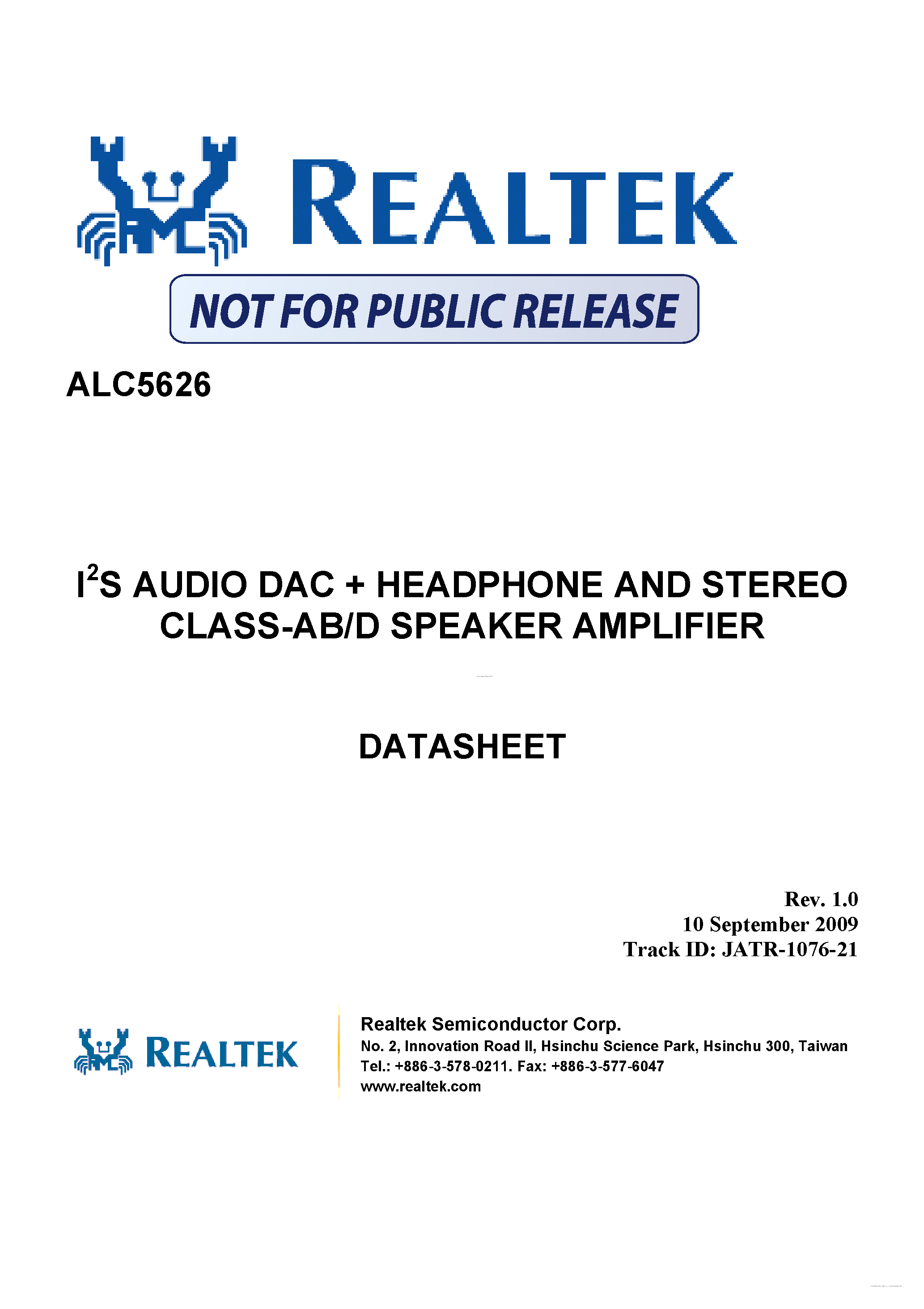 Даташит ALC5626 - I2S Audio DAC + Headphone and Stereo Class-AB/D Speaker Amplifier страница 1