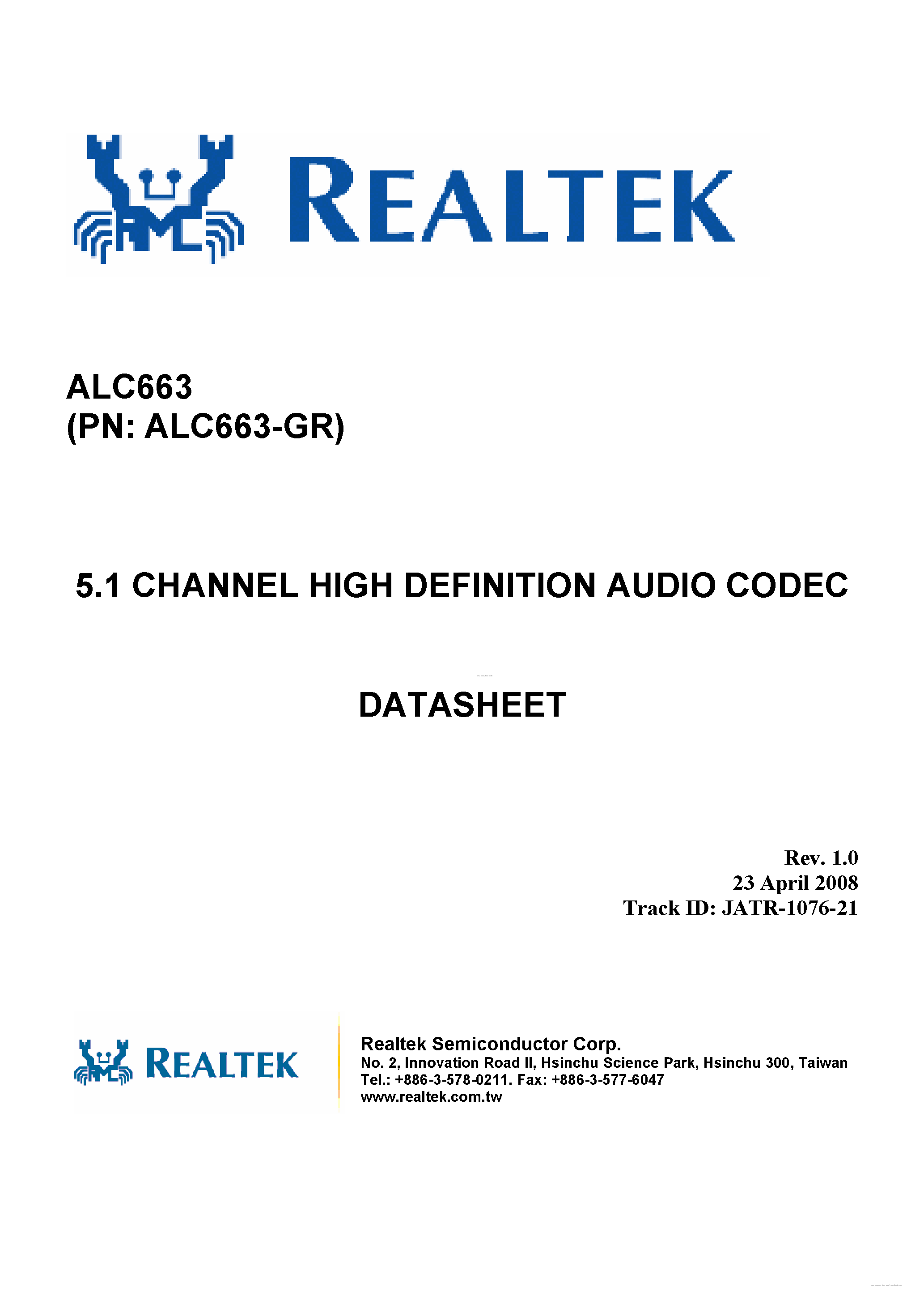 Datasheet ALC663 - 5.1 Channel HD Audio Codec page 1
