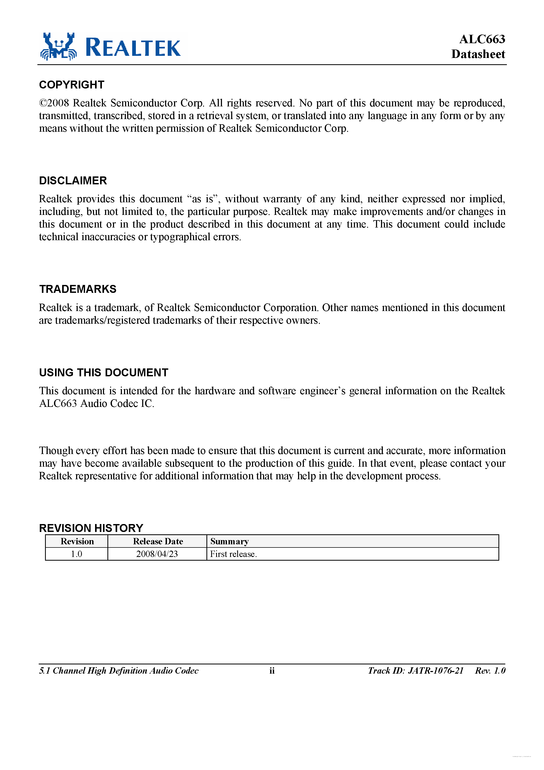 Datasheet ALC663 - 5.1 Channel HD Audio Codec page 2