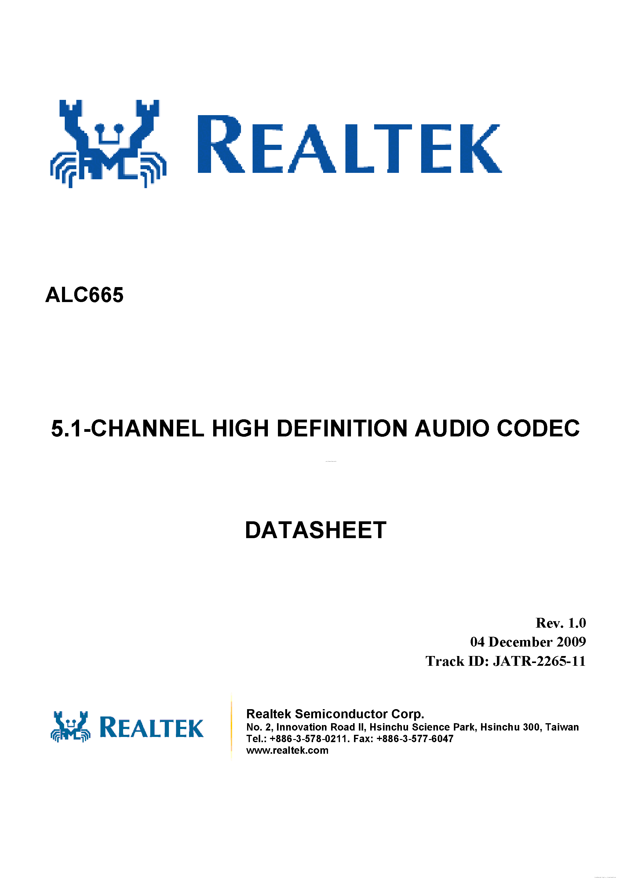Datasheet ALC665 - 5.1 Channel HD Audio Codec page 1