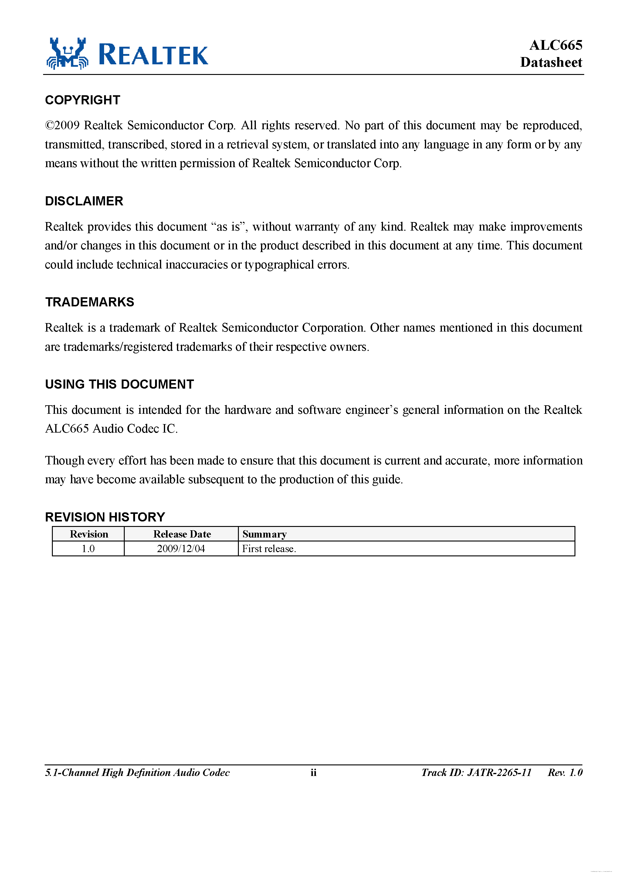 Datasheet ALC665 - 5.1 Channel HD Audio Codec page 2