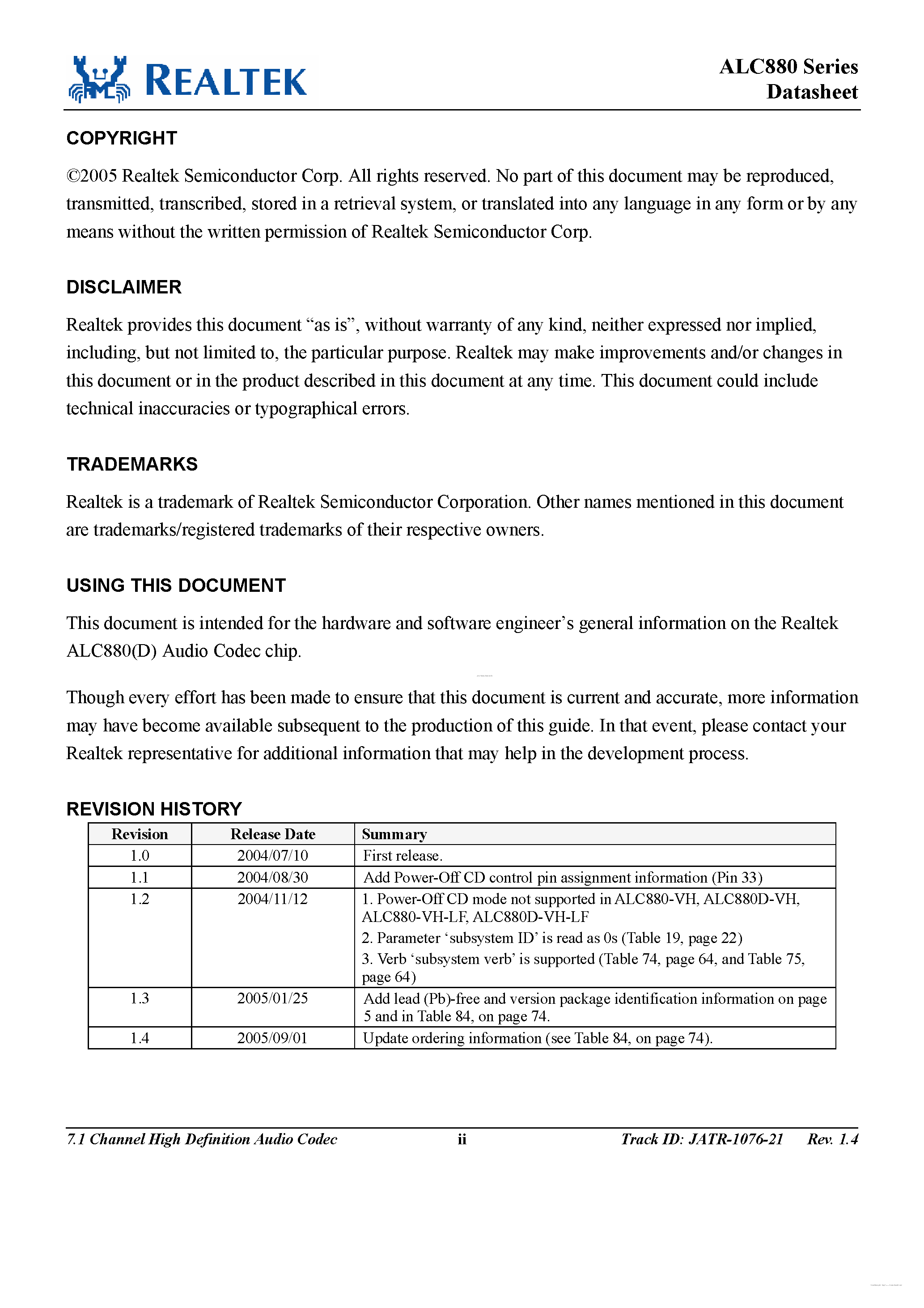 Datasheet ALC880 - 7.1 Channel HD Audio Codec page 2