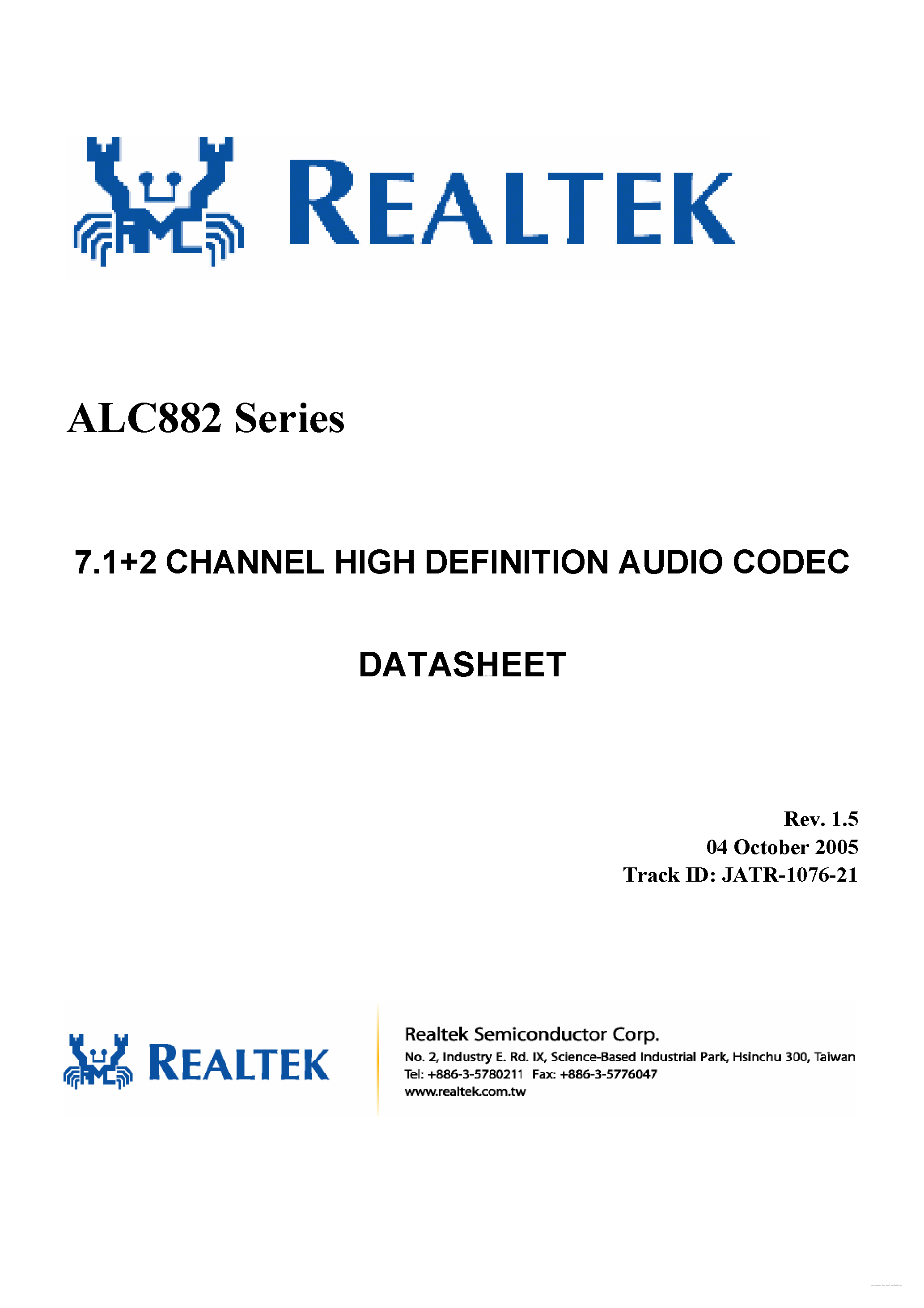 Datasheet ALC882 - 7.1 + 2 Channel HD Audio Codec page 1