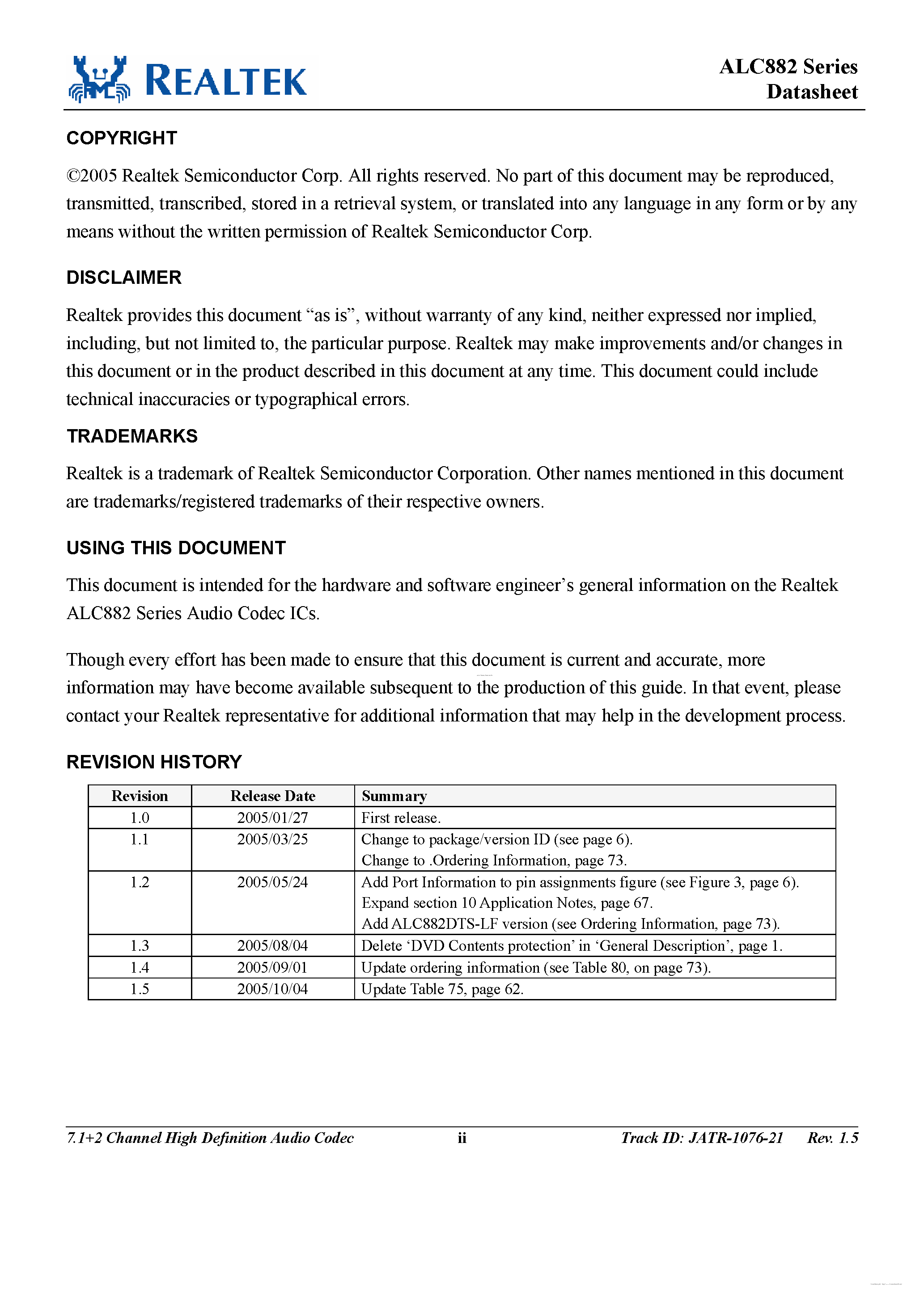 Datasheet ALC882 - 7.1 + 2 Channel HD Audio Codec page 2