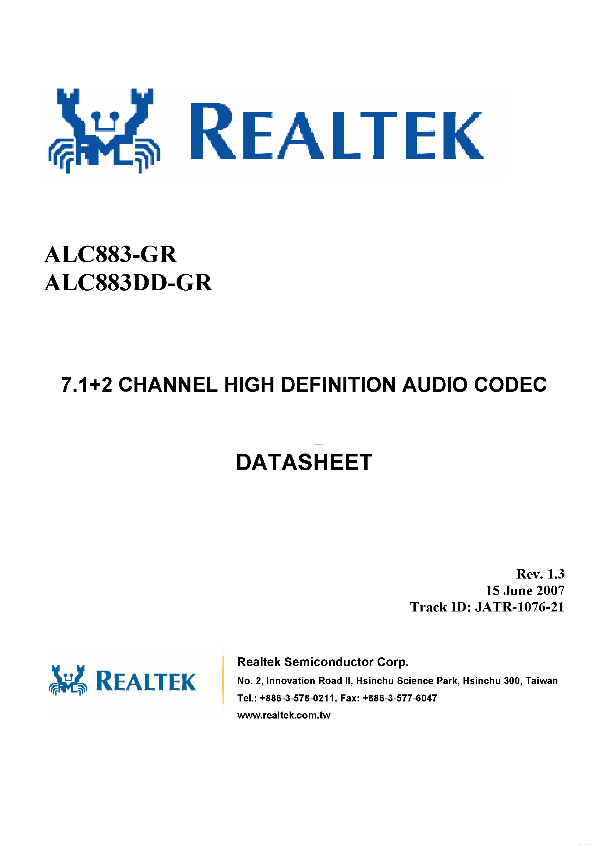 Даташит на микросхему ALC883DD-GR страница 1 Даташит ALC883DD-GR - 7.1 + 2 Channel HD Audio Codec страница 1