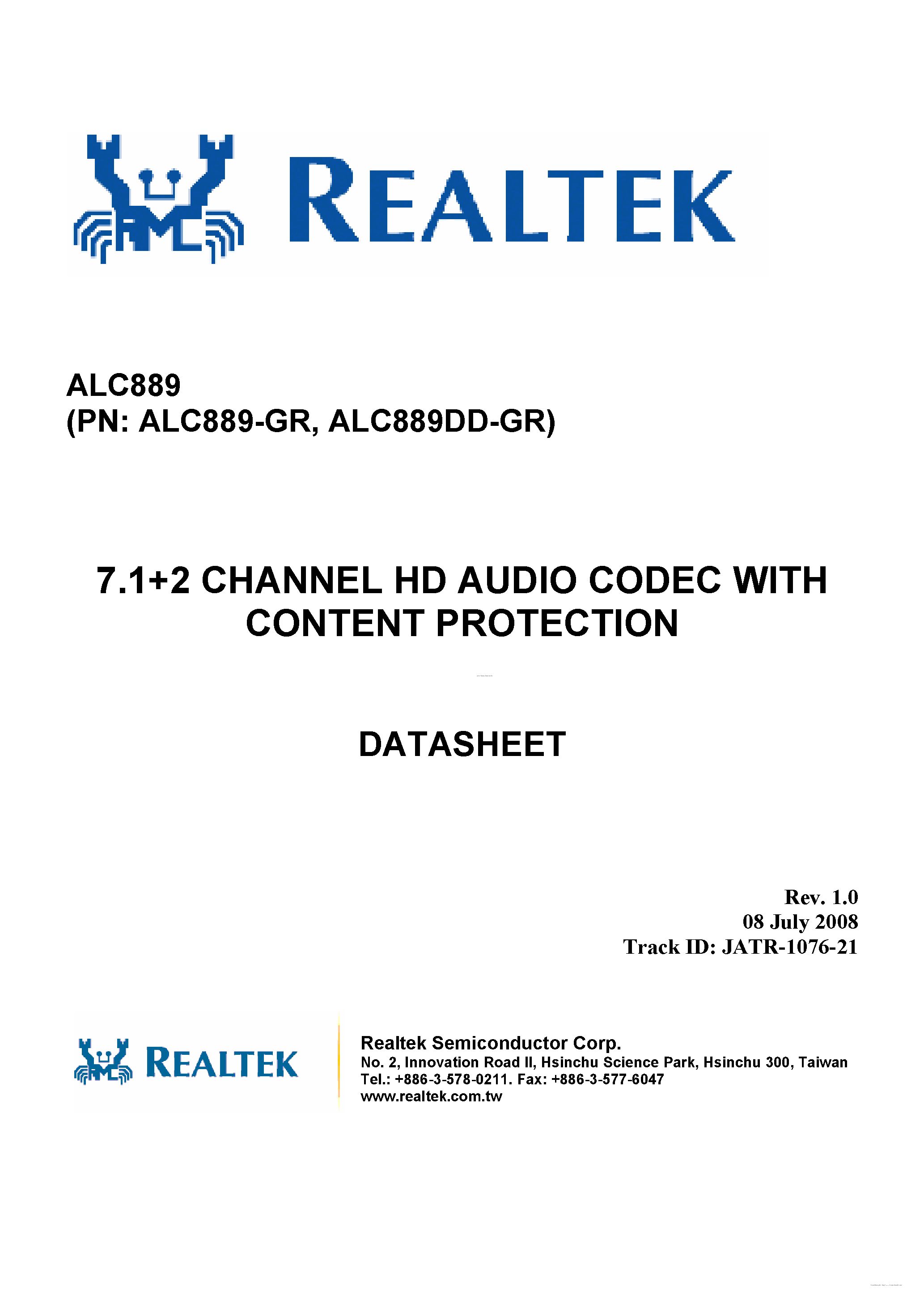 Даташит на микросхему ALC889 страница 1 Даташит ALC889 - 7.1 + 2 Channel HD Audio Codec страница 1
