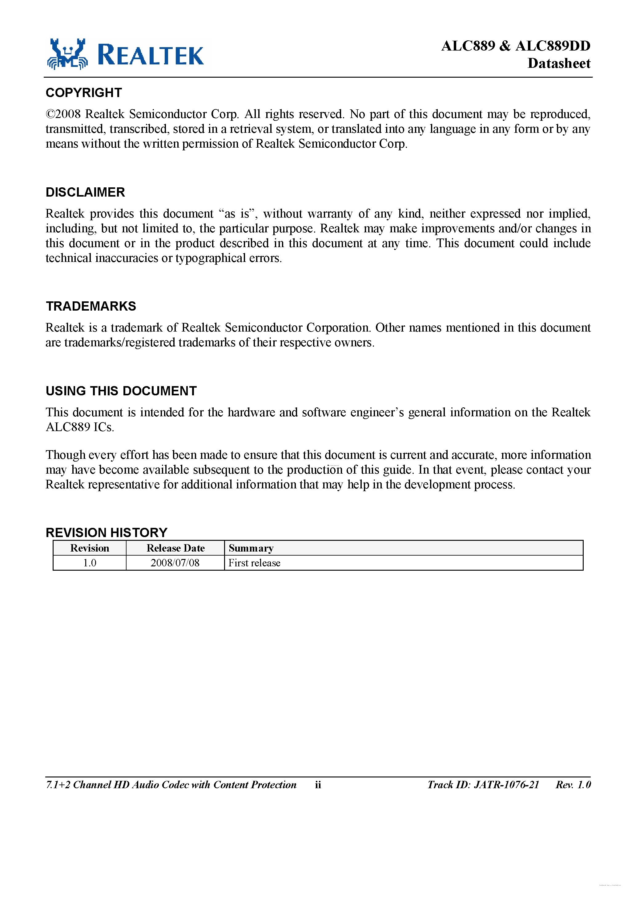 Даташит на микросхему ALC889 страница 2 Даташит ALC889 - 7.1 + 2 Channel HD Audio Codec страница 2